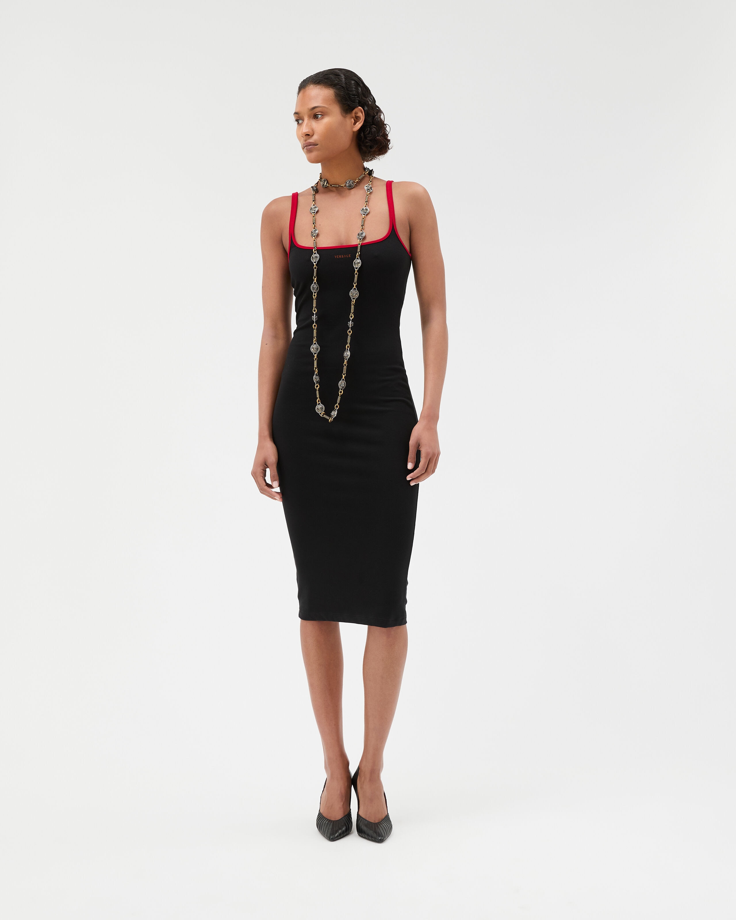 Embroidered Stretch Cotton-Jersey Midi Dress Black,Red | VERSACE US