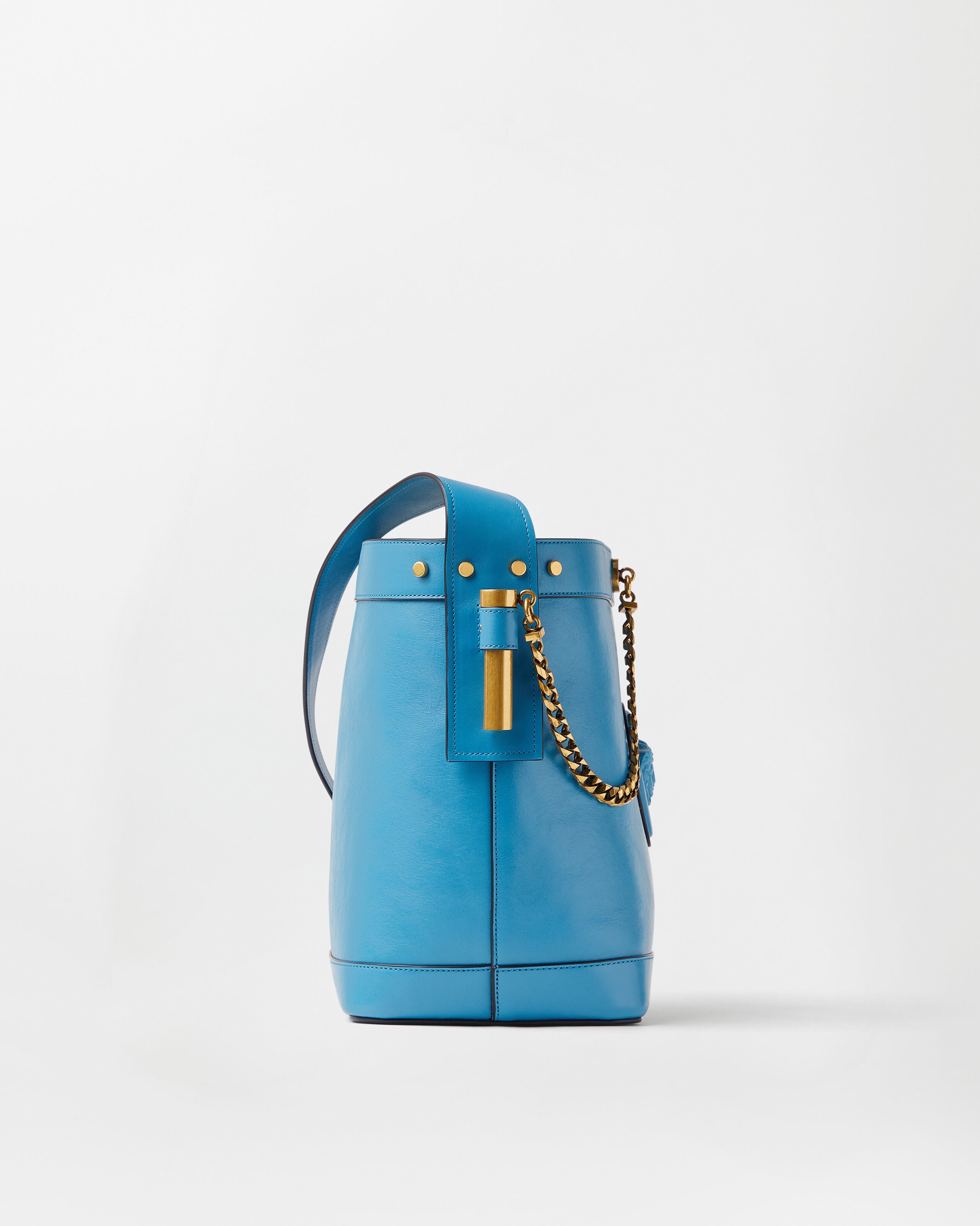 Pivot Small Leather Bucket Bag Blue | VERSACE US