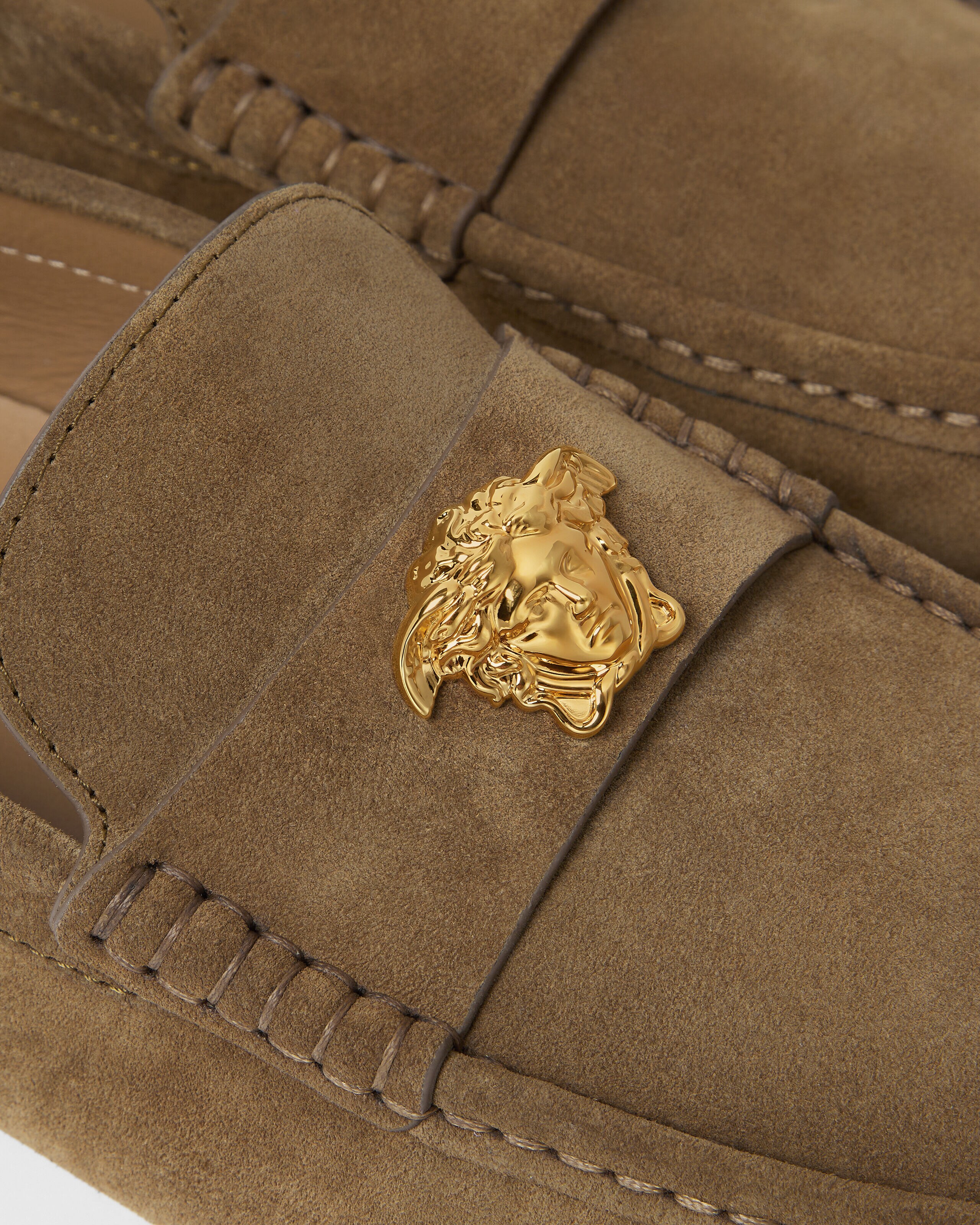 La Medusa Suede Driver Shoes Brown,Gold | VERSACE US