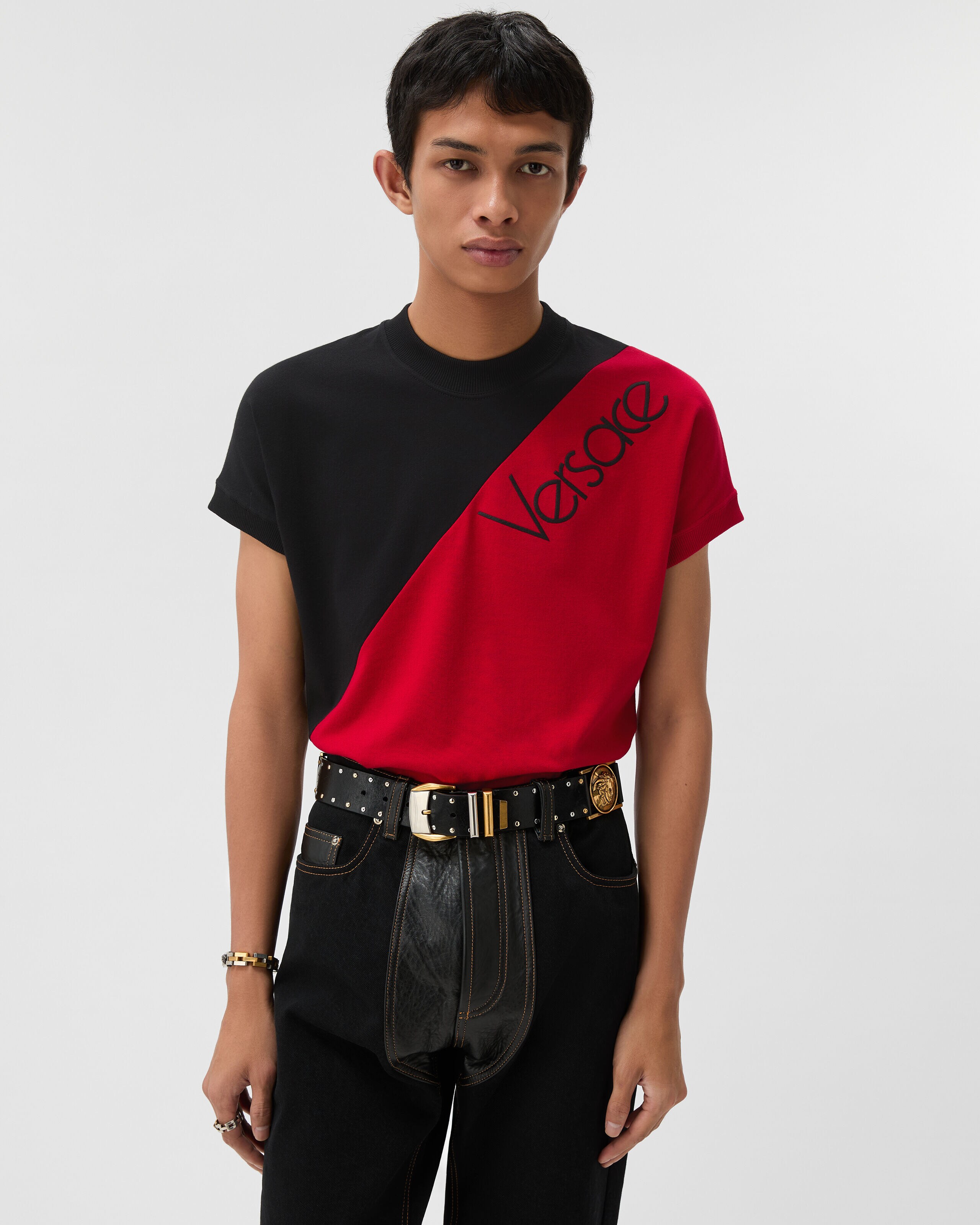 A.VERSACE レッド Tシャツ パンツセット/LL Embroidered-Logo Stretch Cotton-Jersey Slim T-Shirt Black,Red