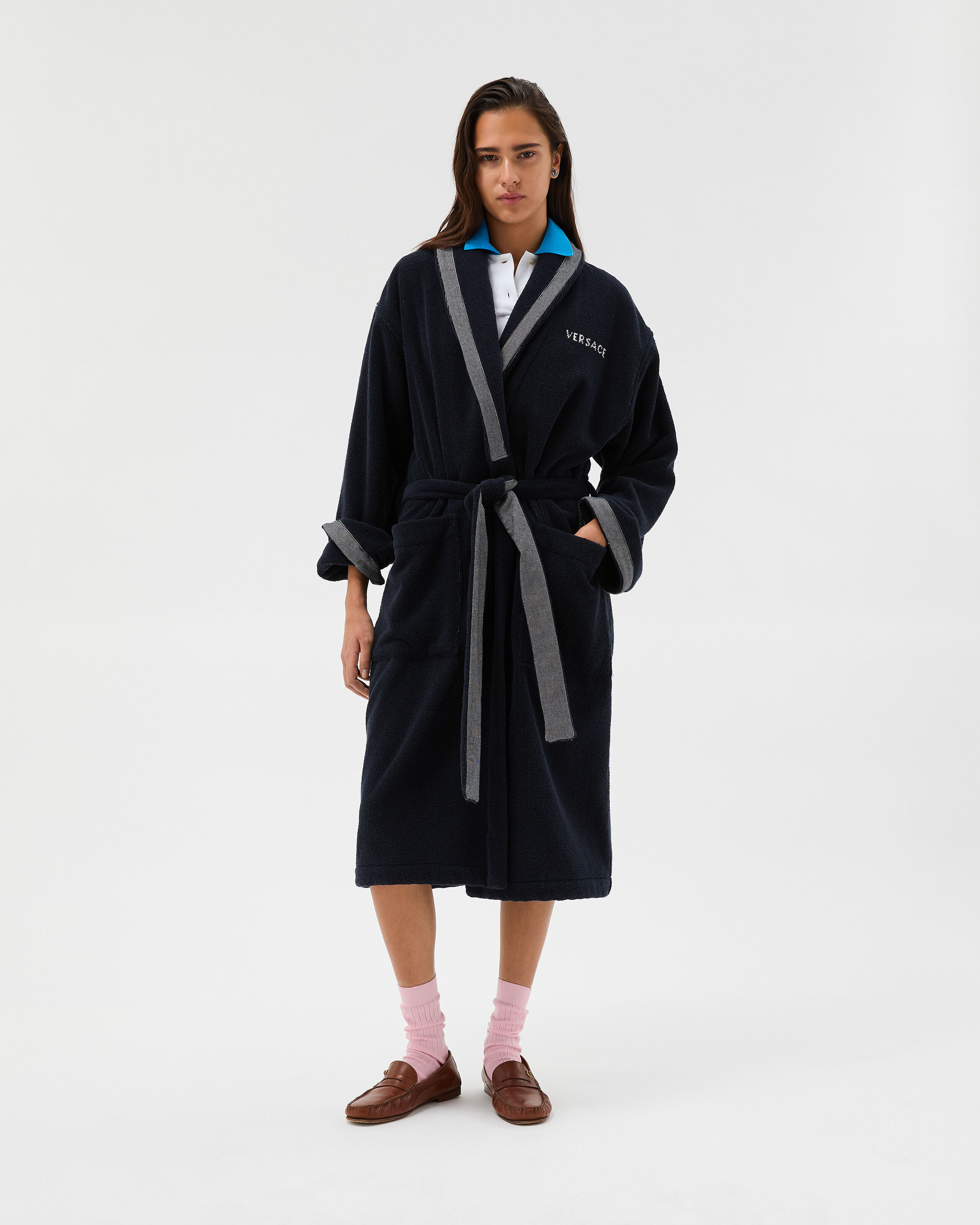 Cotton-Terry Jacquard Bathrobe Blue | VERSACE US