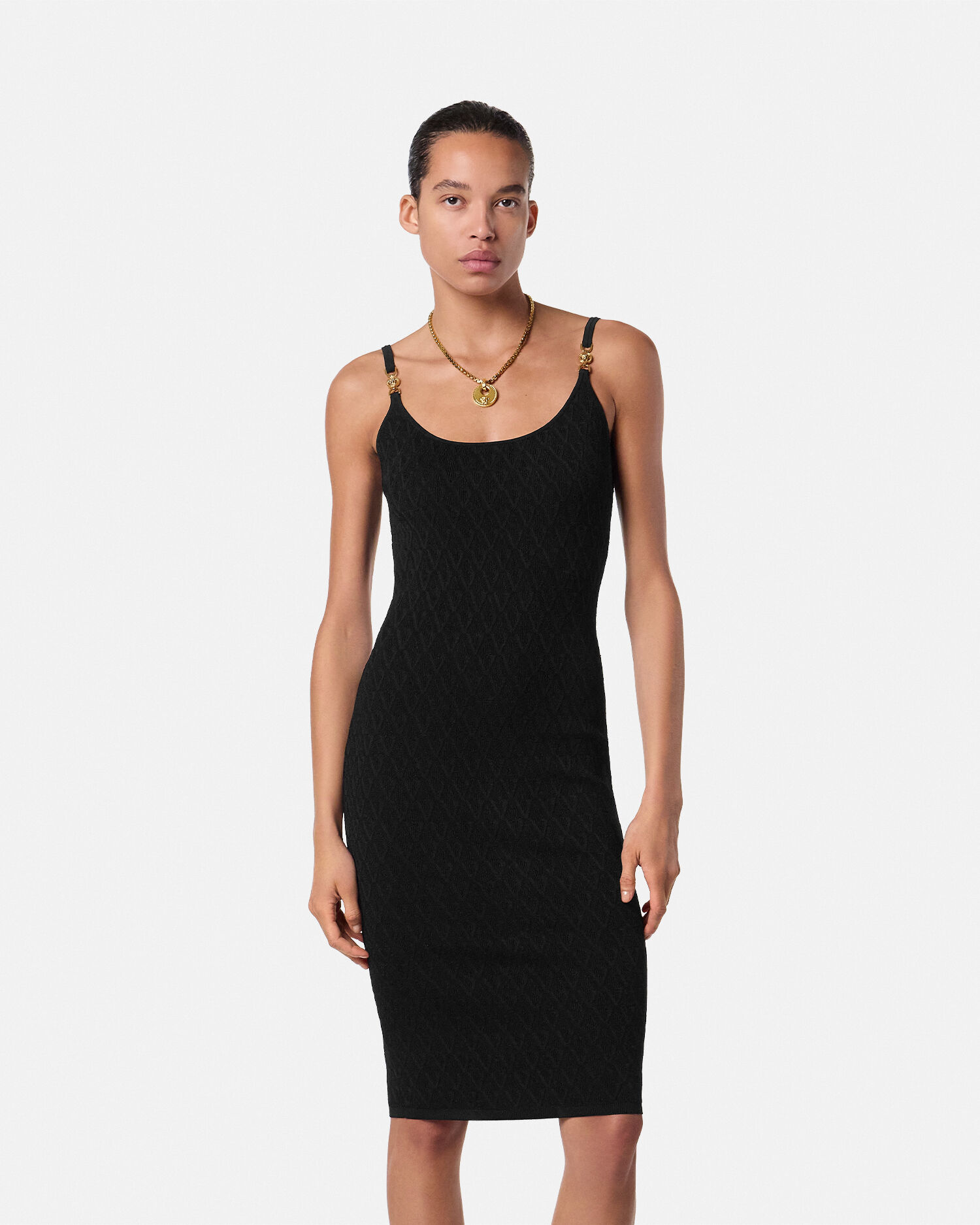 V Allover Jacquard Knit Fitted Mini Dress | VERSACE US