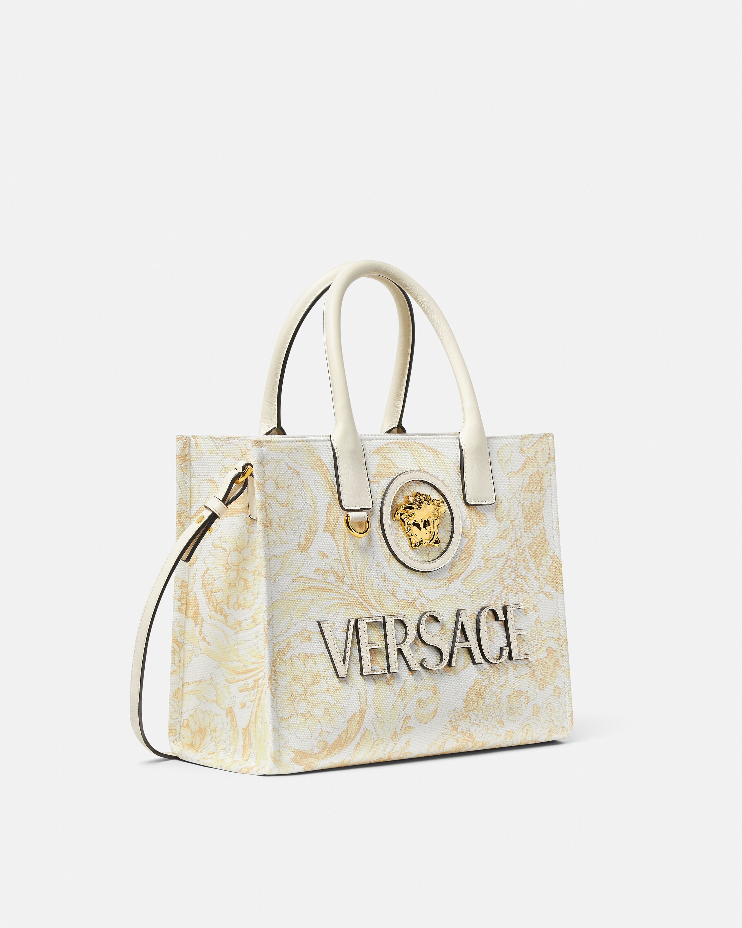 ヴェルサーチ ホワイト 本革 トートバッグ メデューサ ゴールド 金具 白 La Medusa Printed Small Canvas Tote White,Gold | VERSACE US