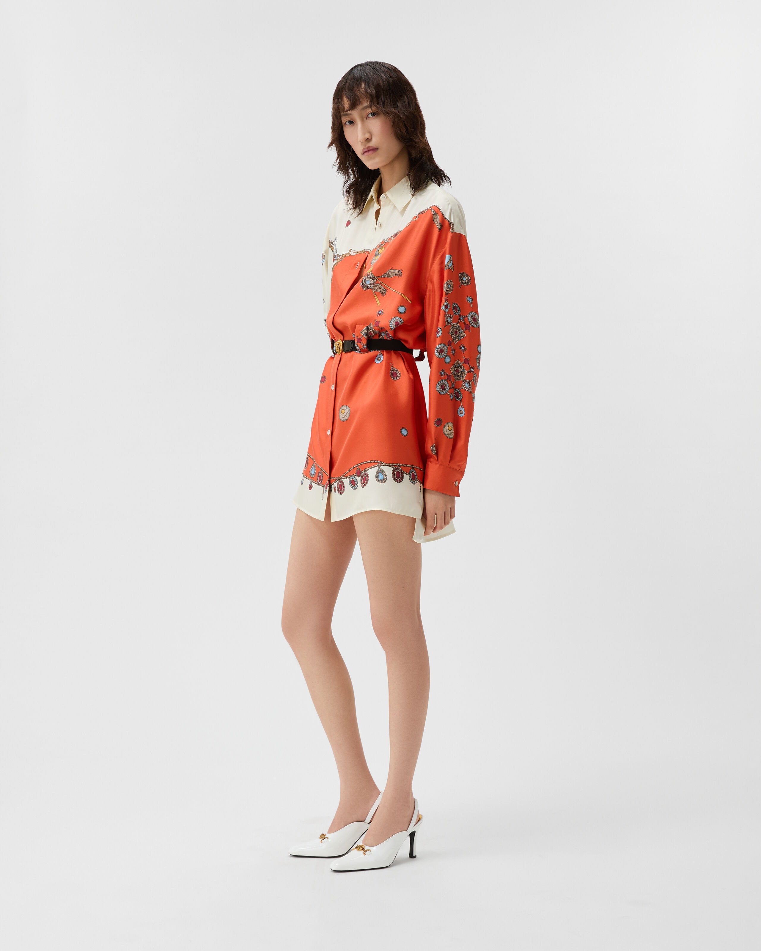 VERSACE シルクインサートミニドレス ミニワンピース　36(XS) Printed Silk Twill Mini Dress Orange | VERSACE US