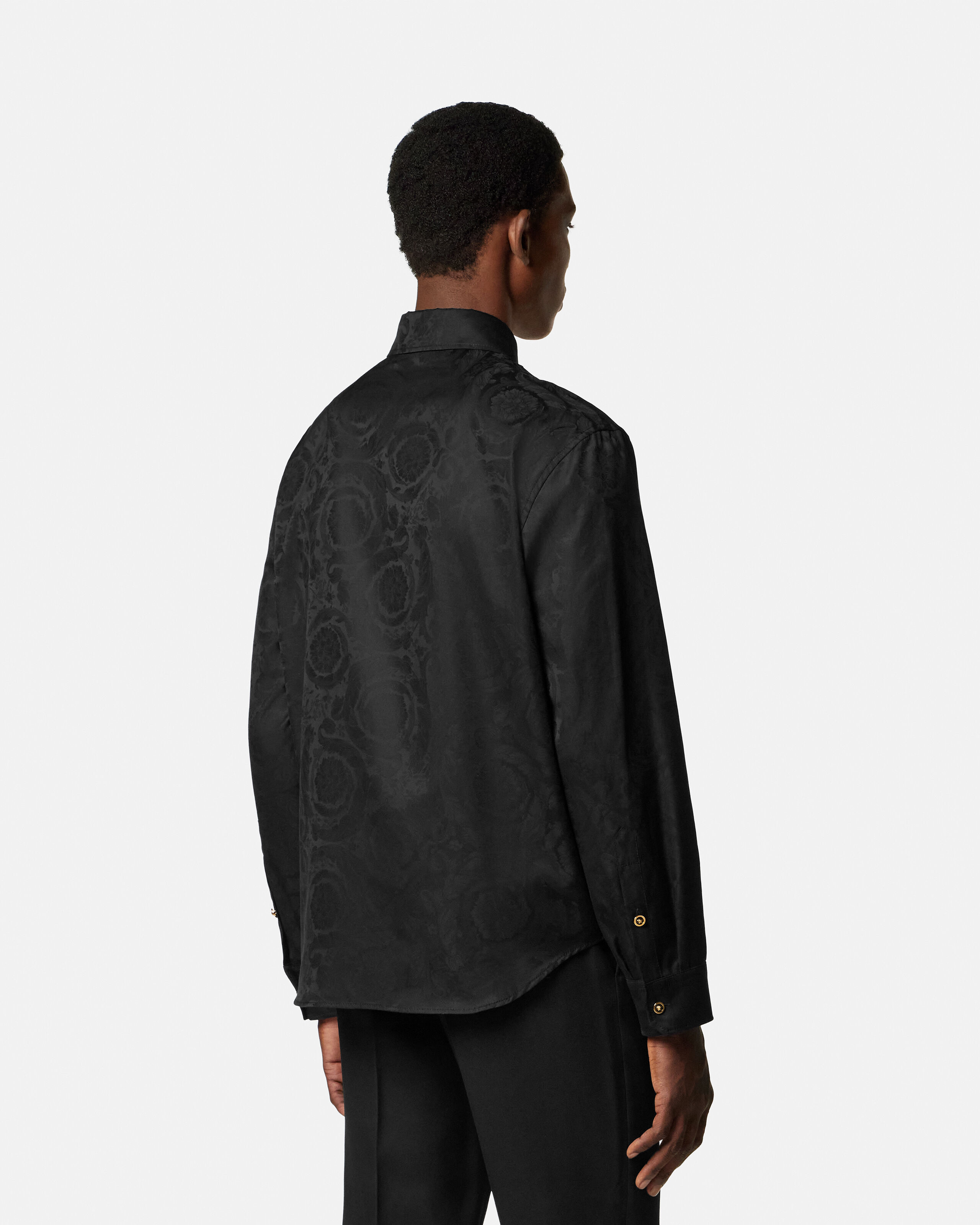 Versace 黒シャツ Jacquard Cotton-Poplin Shirt Black | VERSACE US
