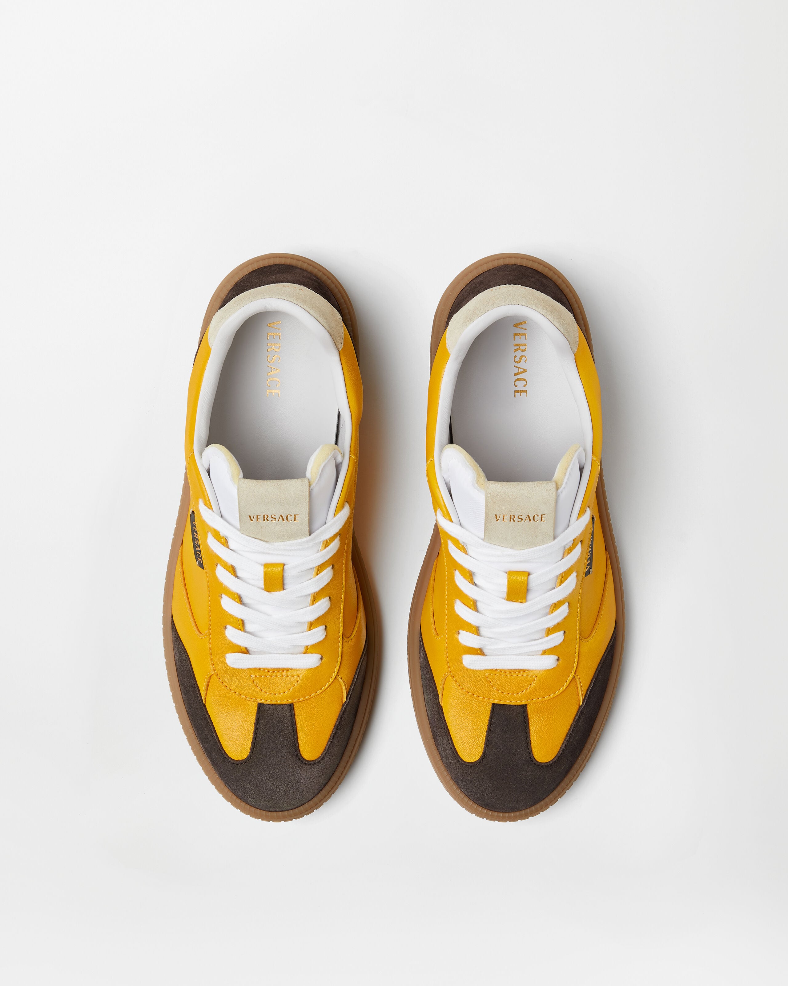 Greca Court Nappa & Suede Sneakers Yellow | VERSACE US