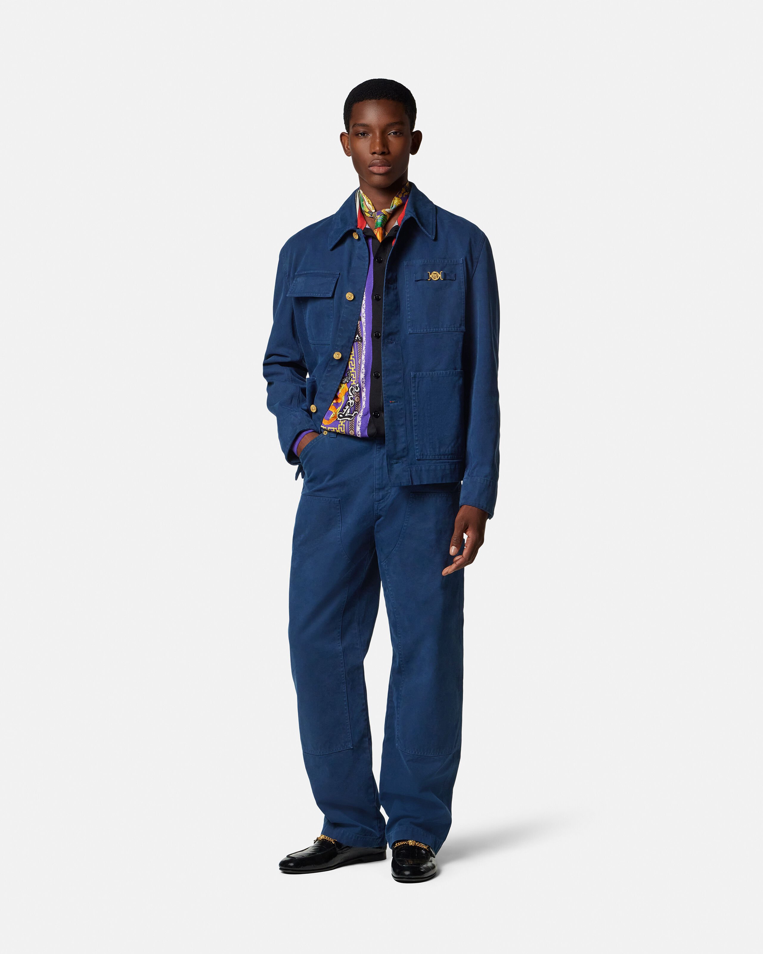 Overdyed Canvas Carpenter Jacket Blue | VERSACE US
