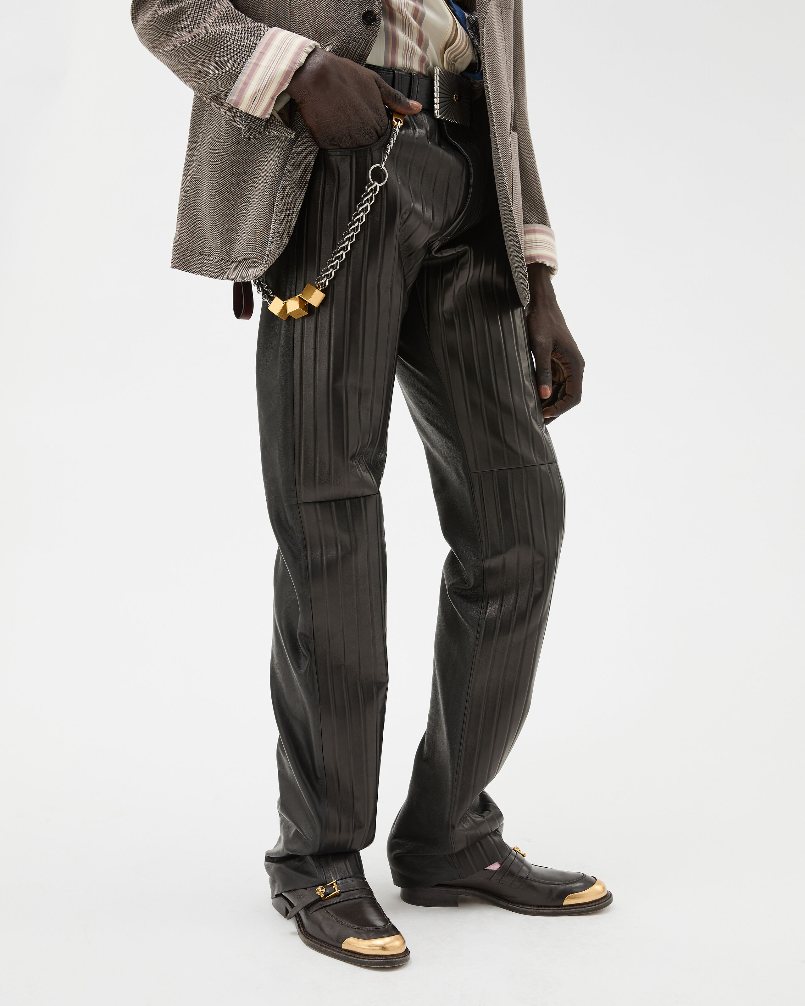 Embossed Leather Pants Black | VERSACE US