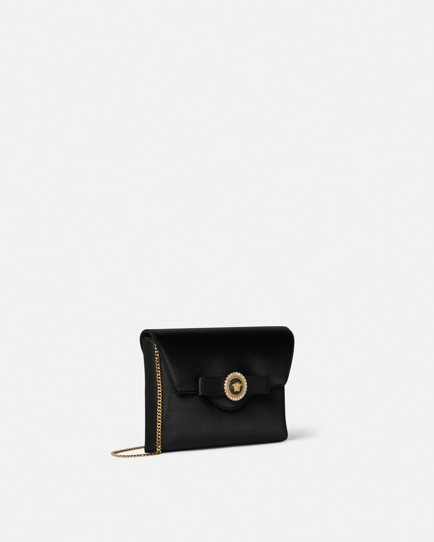 Crystal Gianni Ribbon Satin Clutch Black+Gold 2
