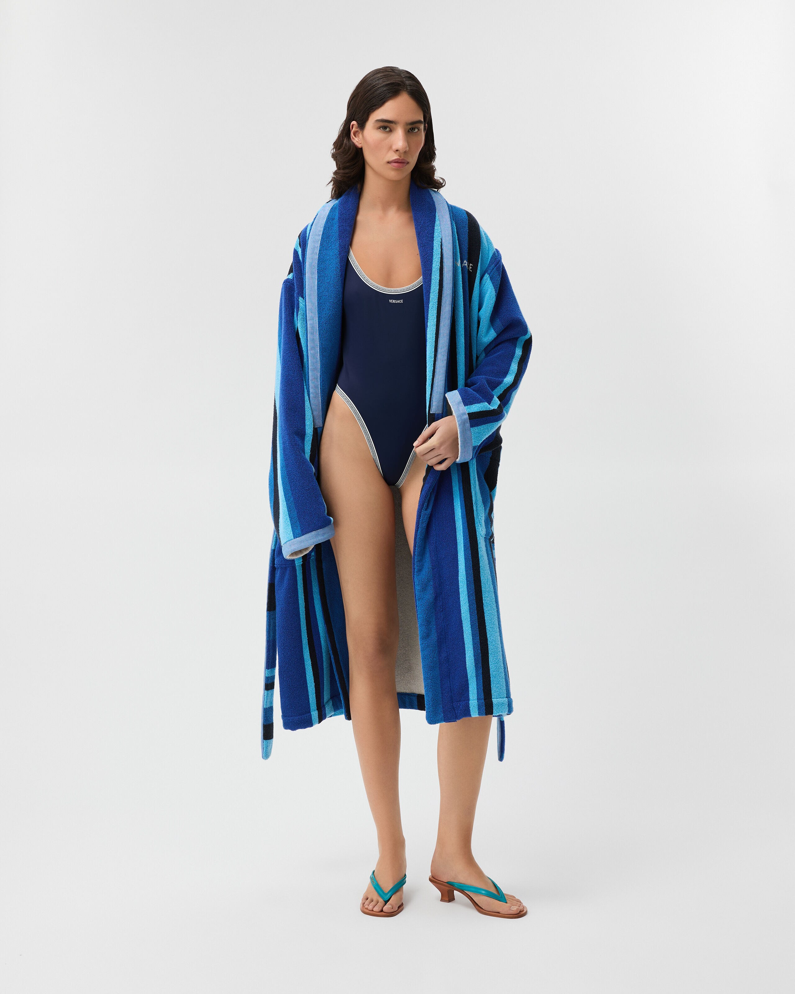 Striped Cotton-Terry Jacquard Bathrobe Blue | VERSACE US