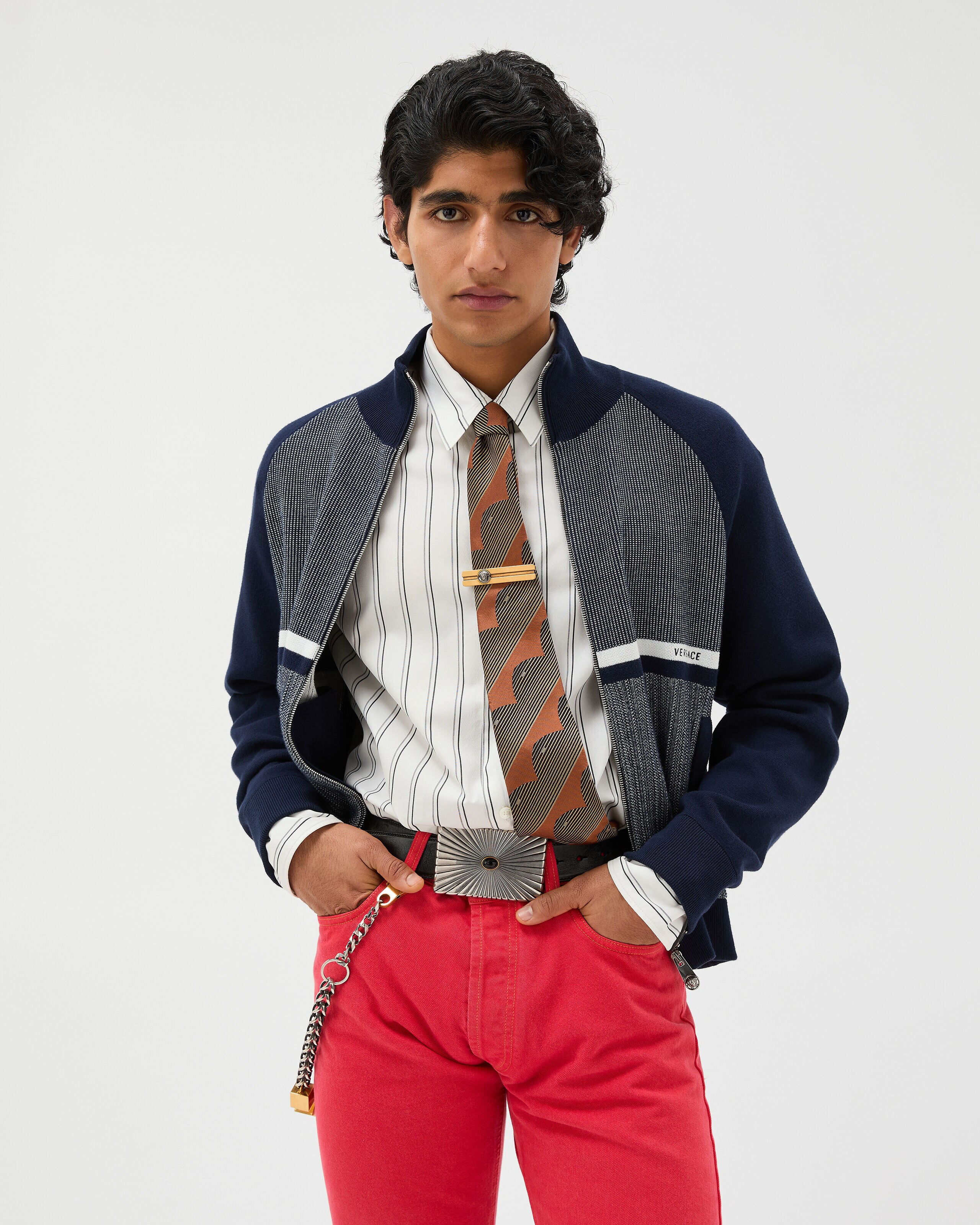 Embroidered Jacquard Cotton Knit Zip Sweater Blue | VERSACE