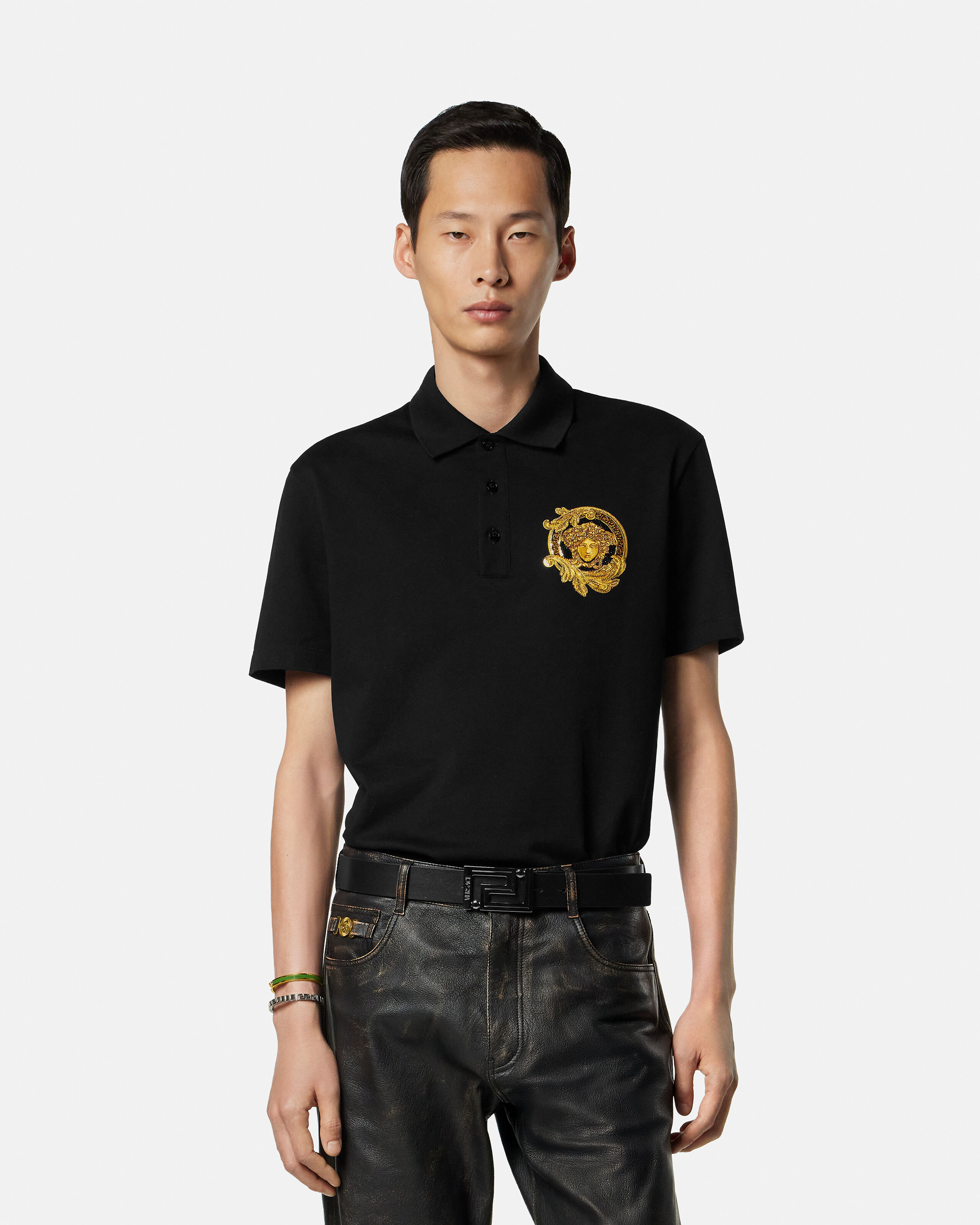 Embroidered Cotton Piqué Polo Black | VERSACE CA