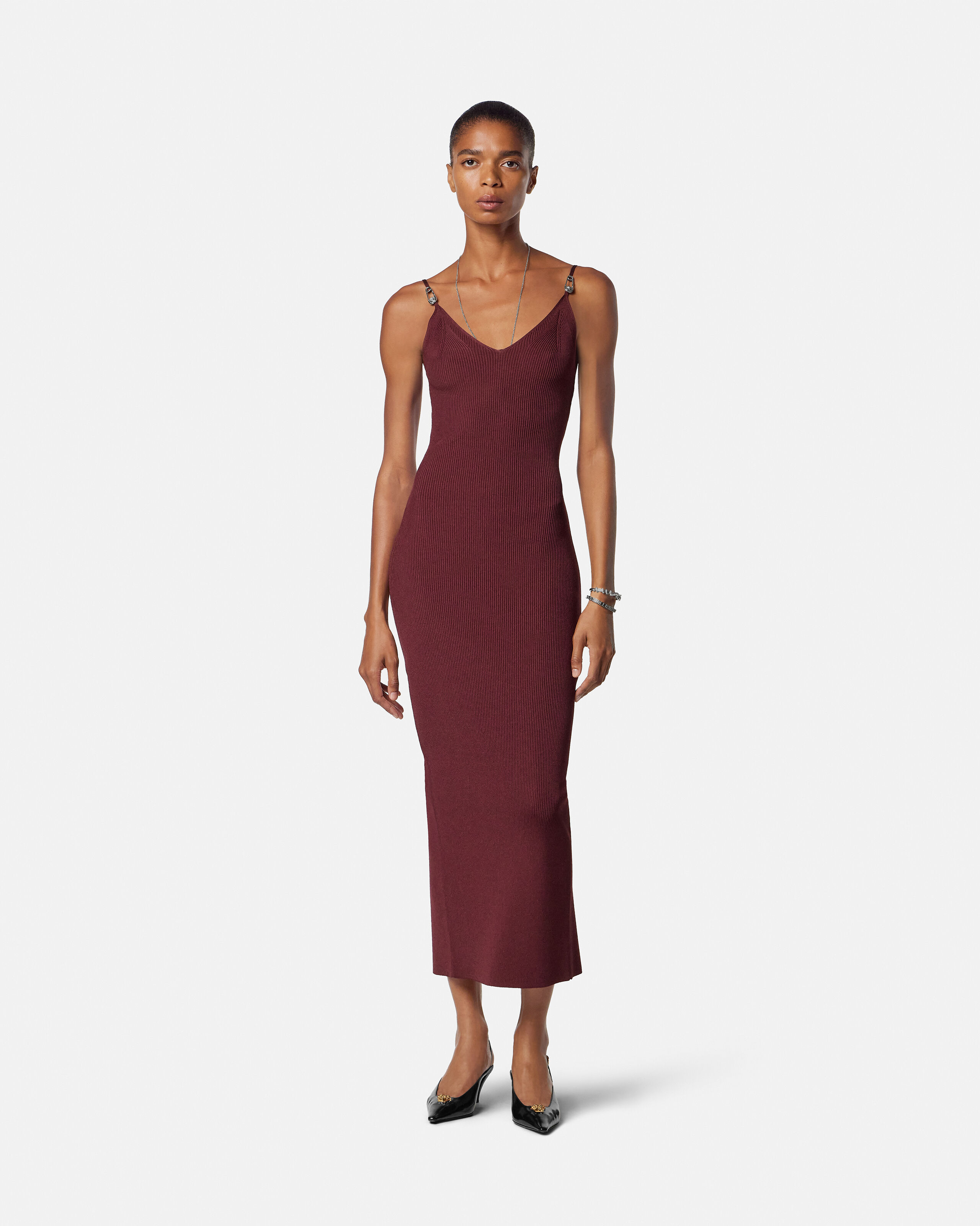 Viscose Knit Midi Dress Burgundy | VERSACE US