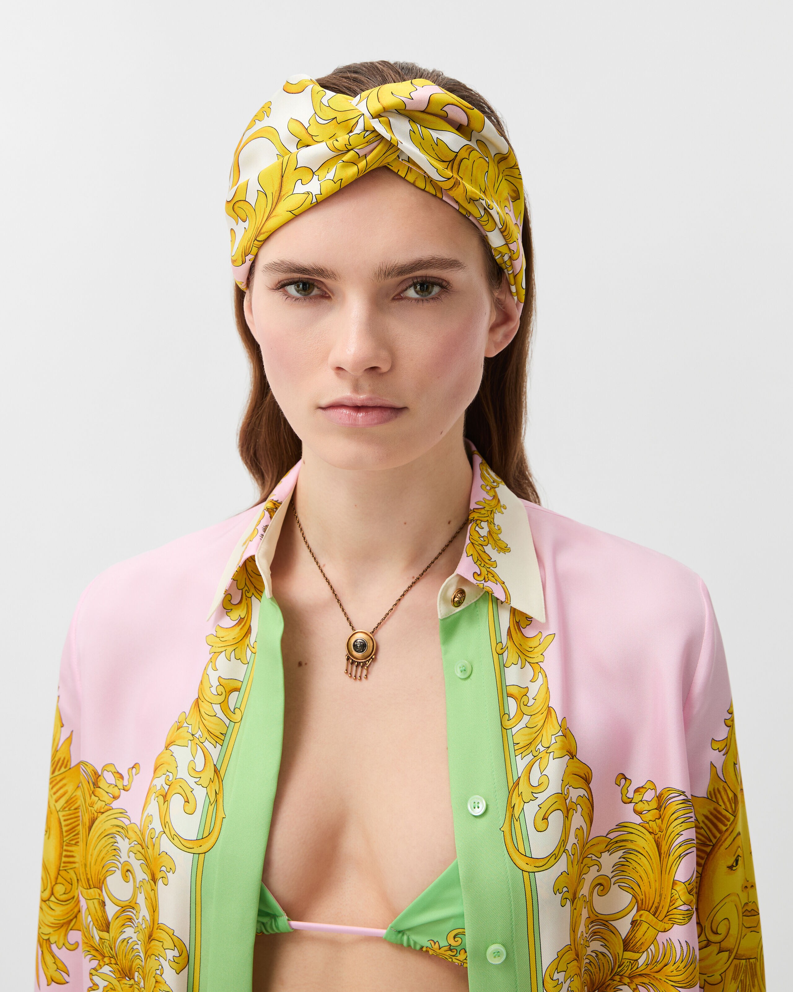 Printed Silk Twill Headband Yellow,Pink | VERSACE US