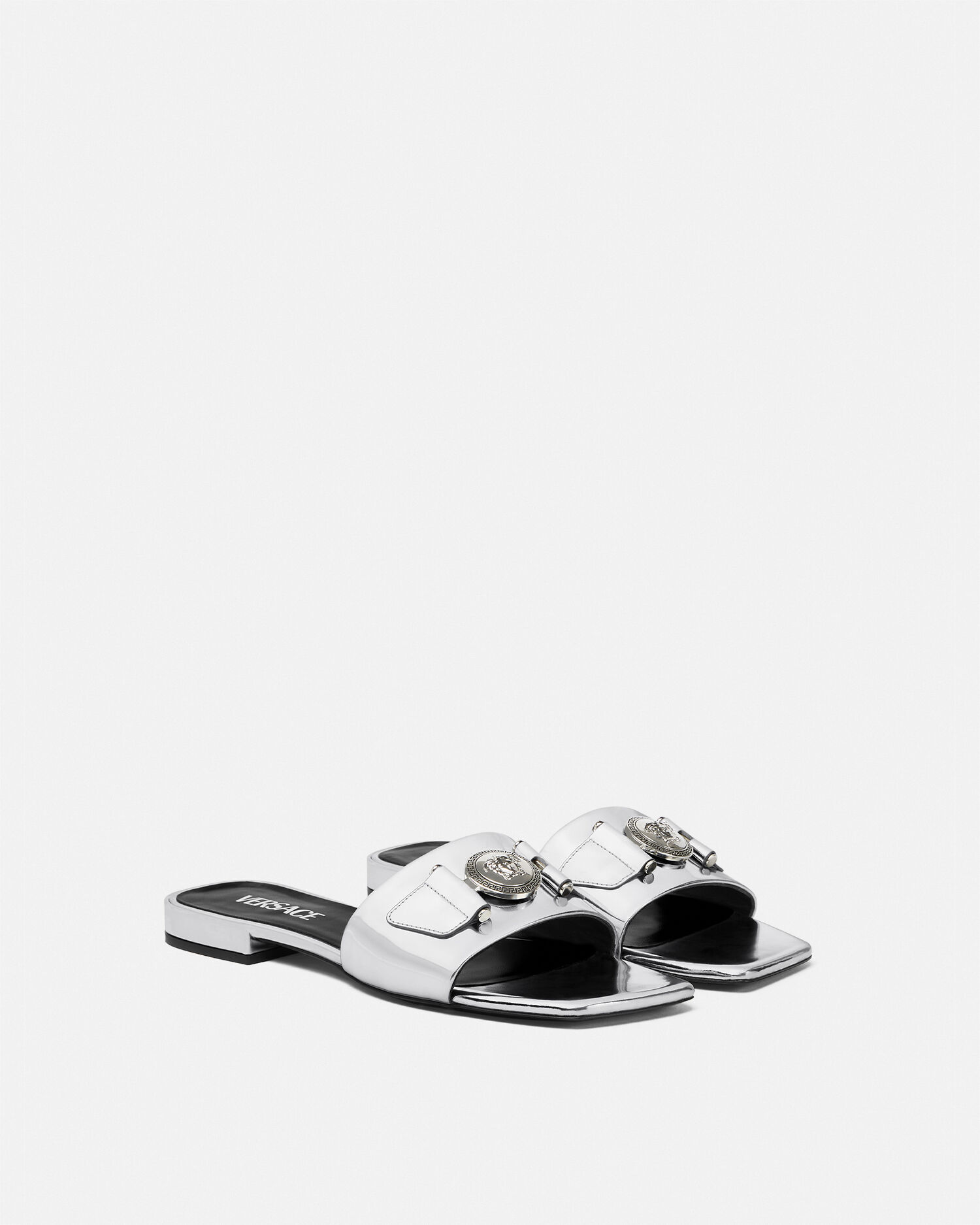 Medusa Buckle Metallic Flat Sandals