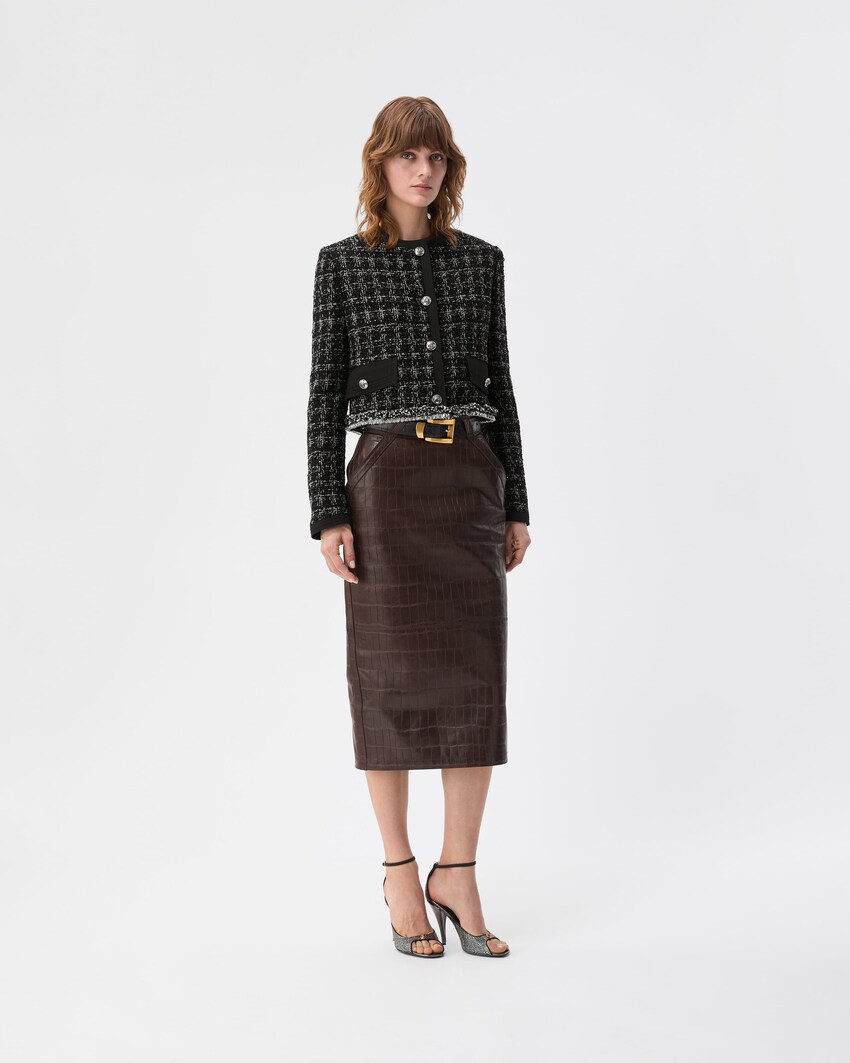  Croc-Effect Nappa Midi Skirt Brown 2