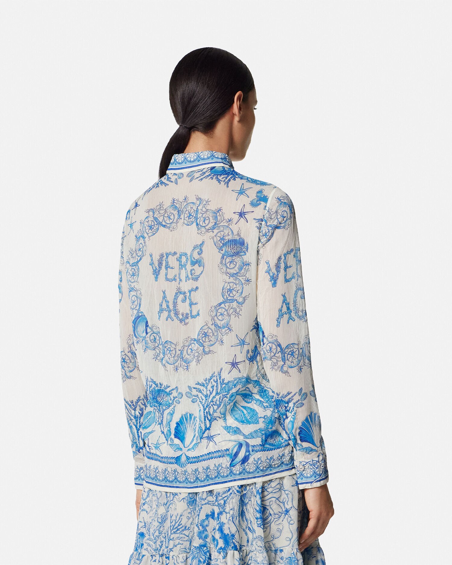 Underwater Barocco Crêpe Fitted Shirt Blue,White | VERSACE US