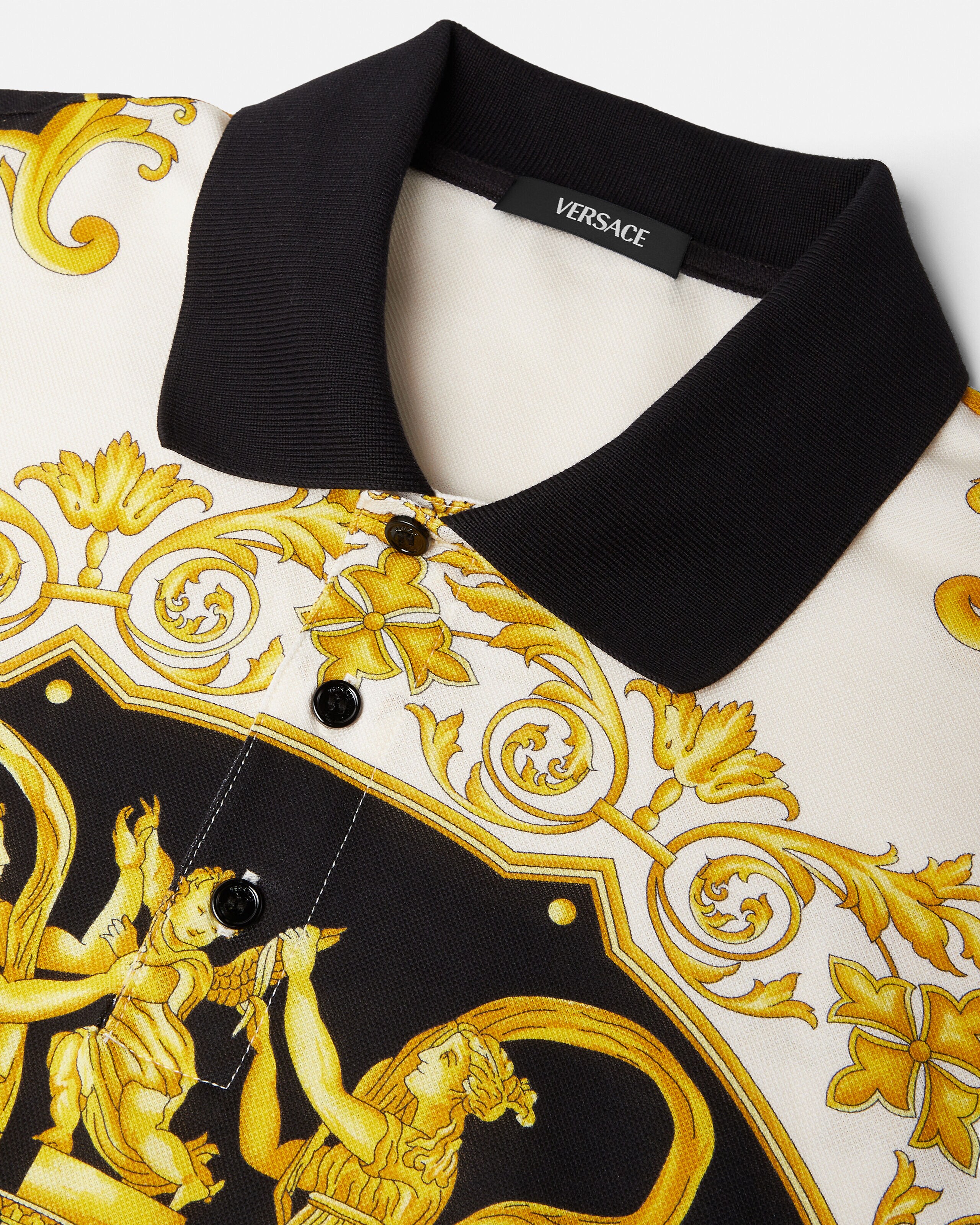 Printed Cotton Piqué Polo Black,Gold | VERSACE US