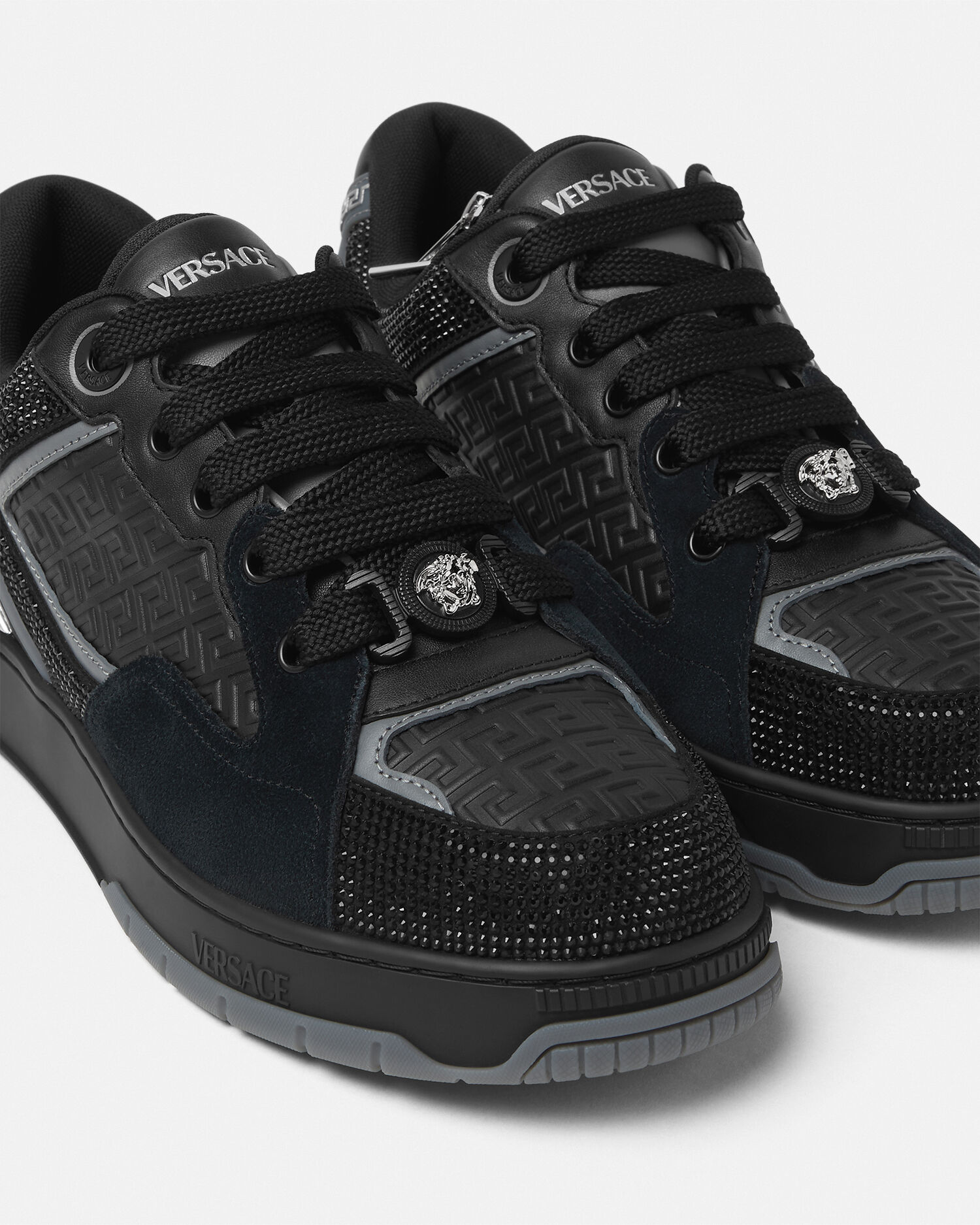 Biggie Basket Embellished Leather Sneakers Black | VERSACE US