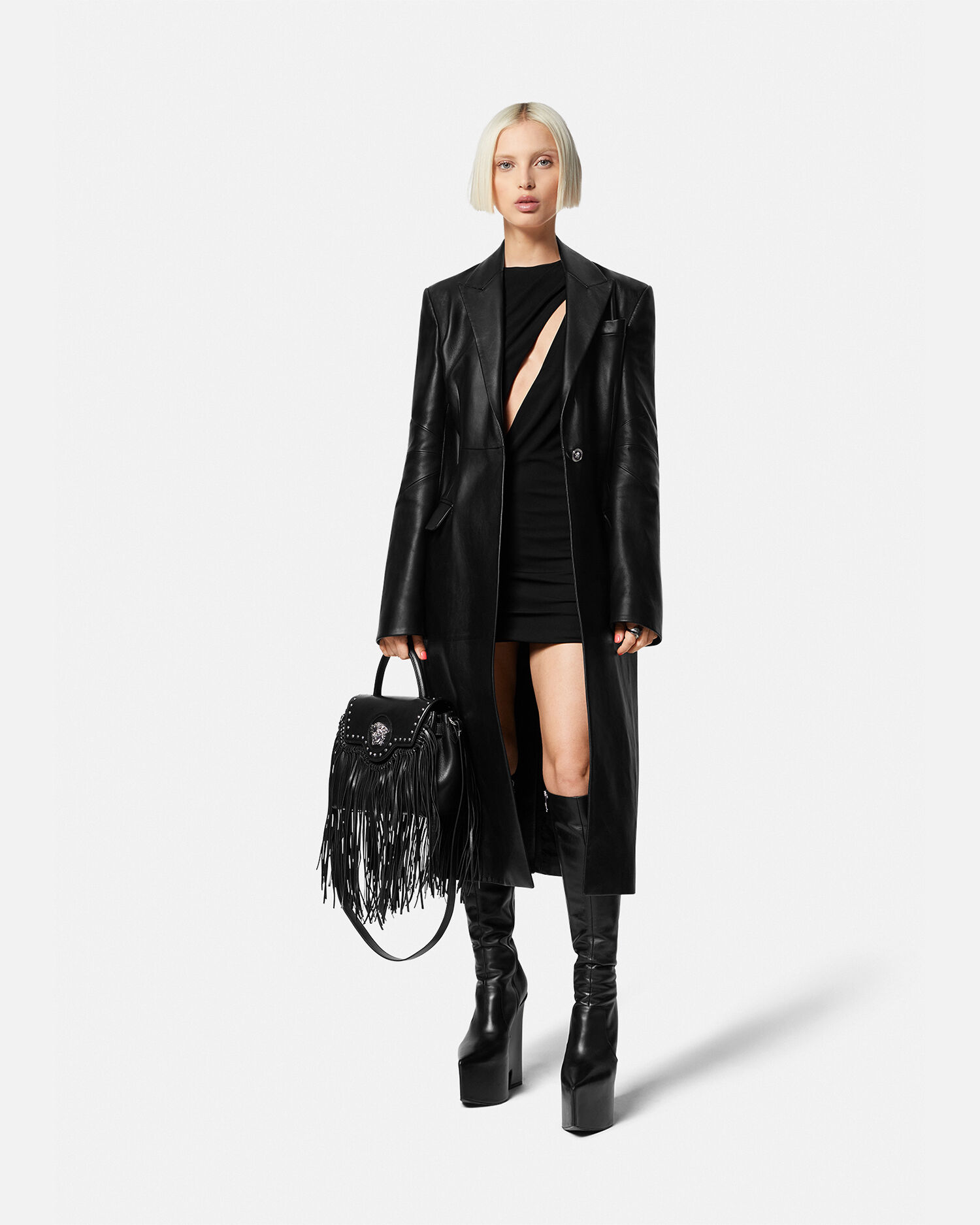 Leather Long Coat Black Versace US