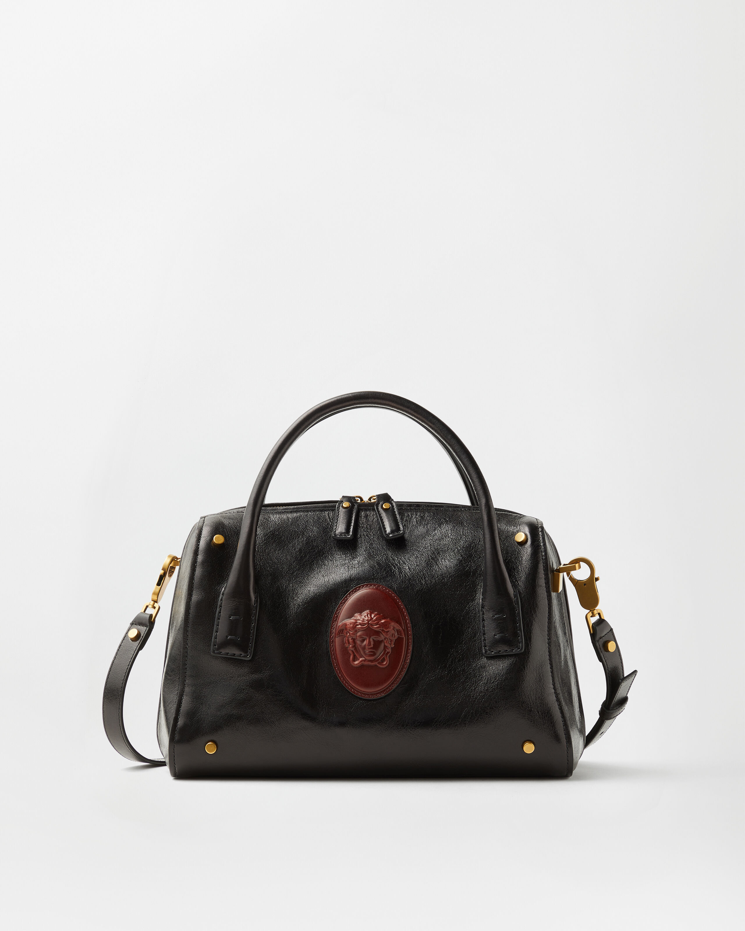 Roomy Leather Boston Bag Black,Brown | VERSACE US