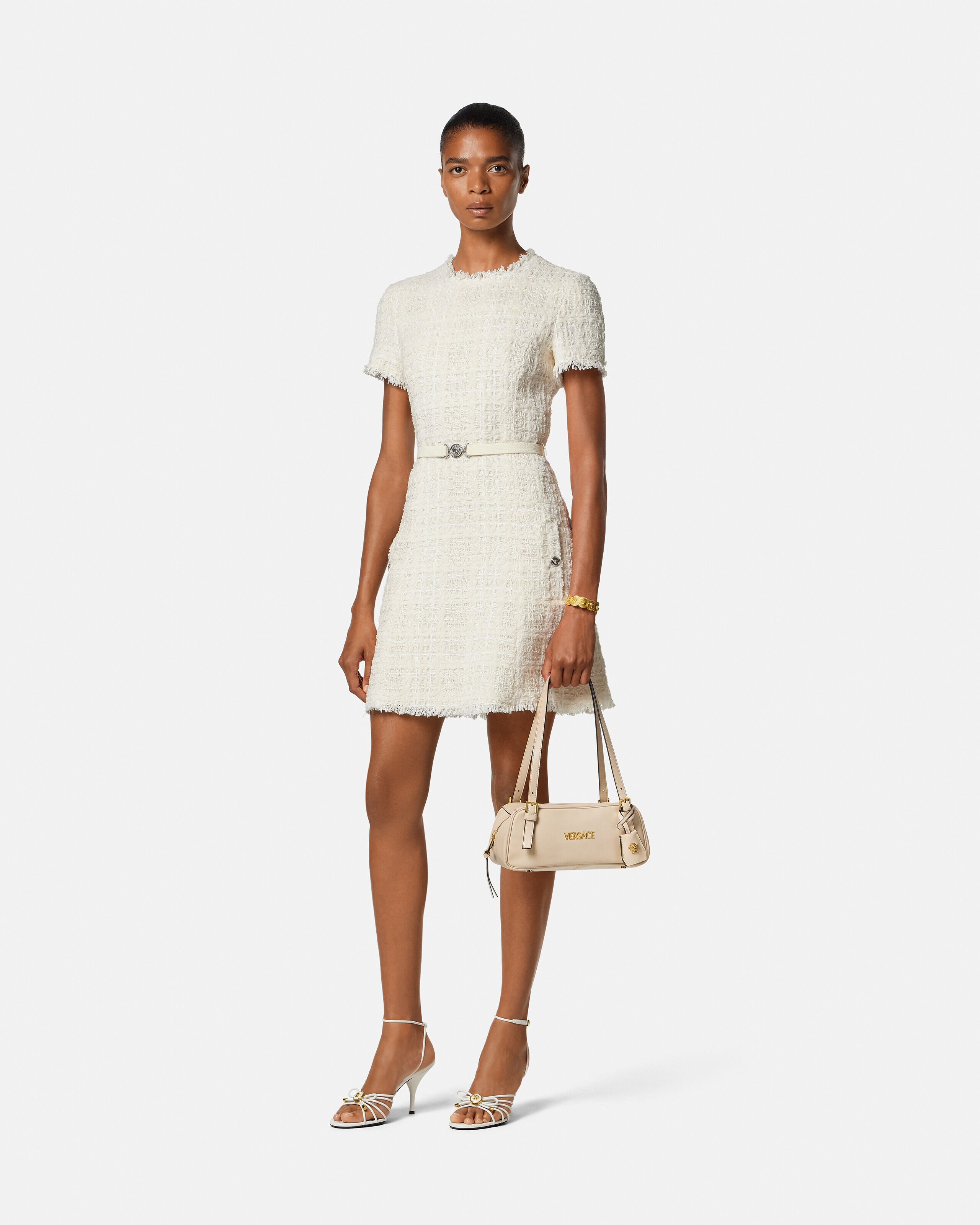 Versace Tag Nappa Bowling Bag Beige | VERSACE US