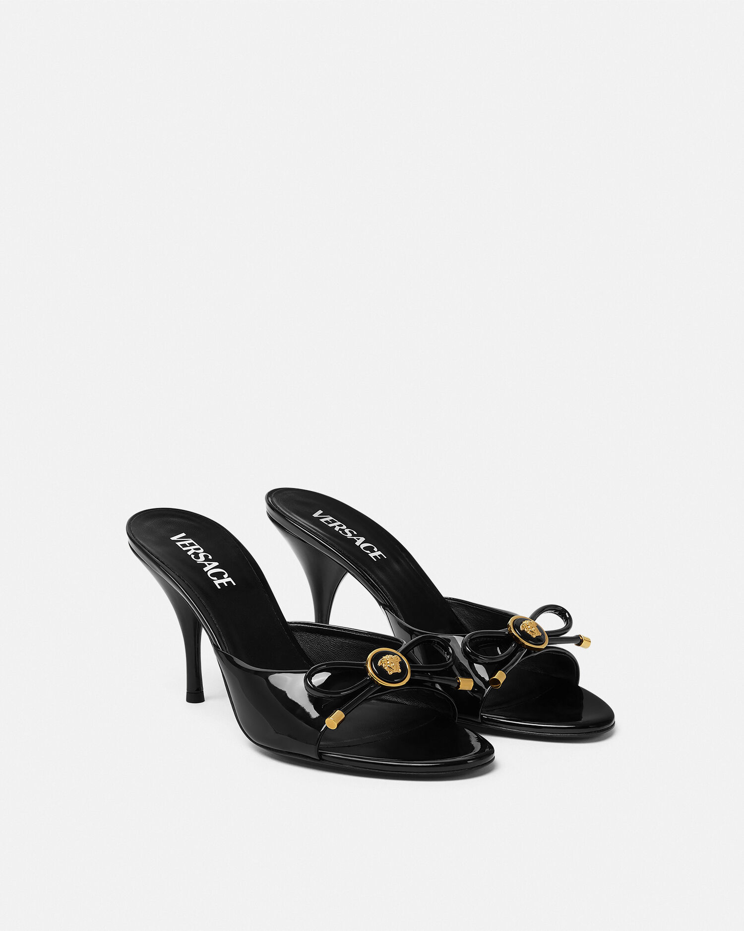 Opera Bow Patent Mules 85 mm Black,Gold | VERSACE US