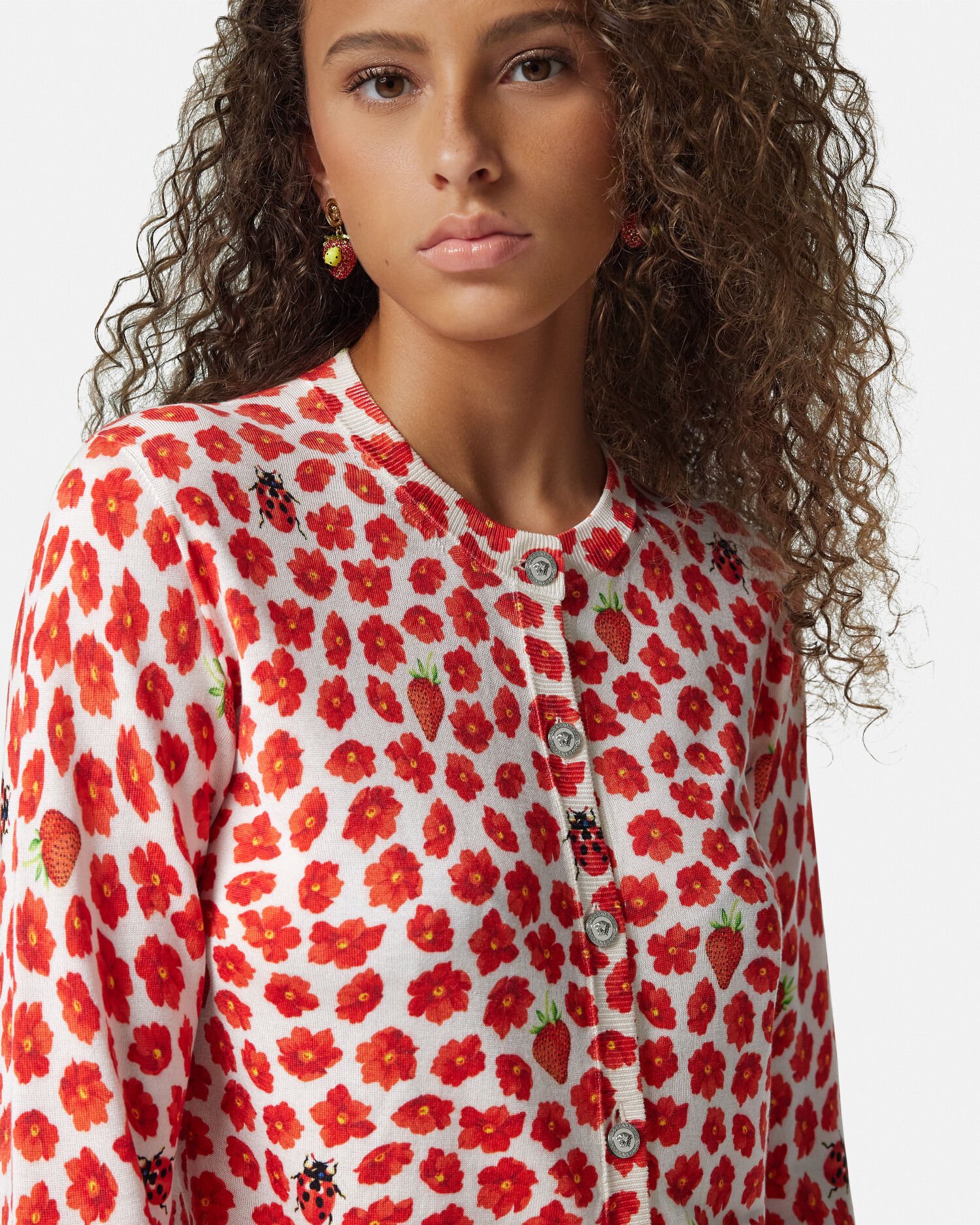 Strawberry Garden Silk Knit Cardigan Red,White | VERSACE US