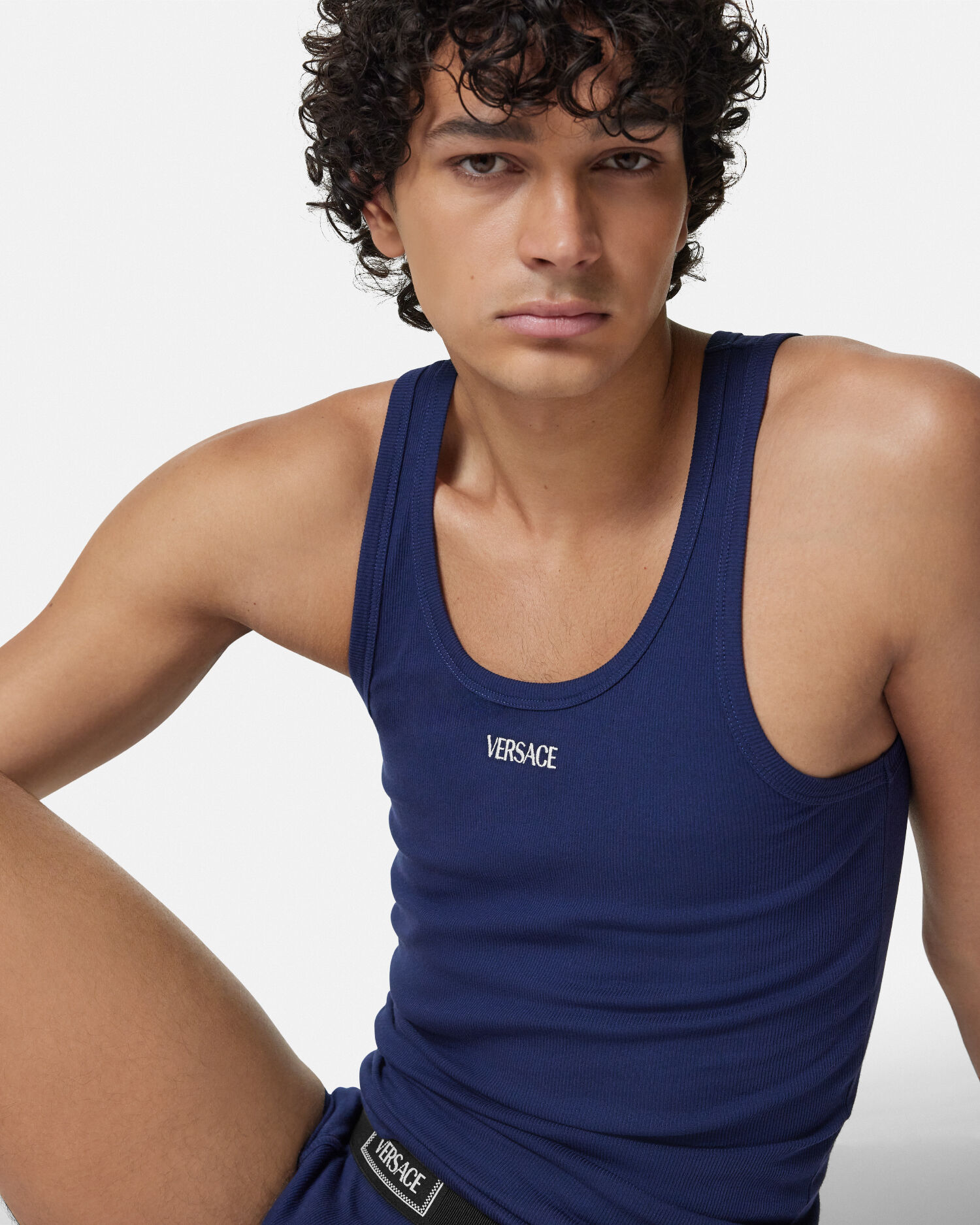 Versace タンクトップ Cotton Ribbed Tank Top Blue | VERSACE US