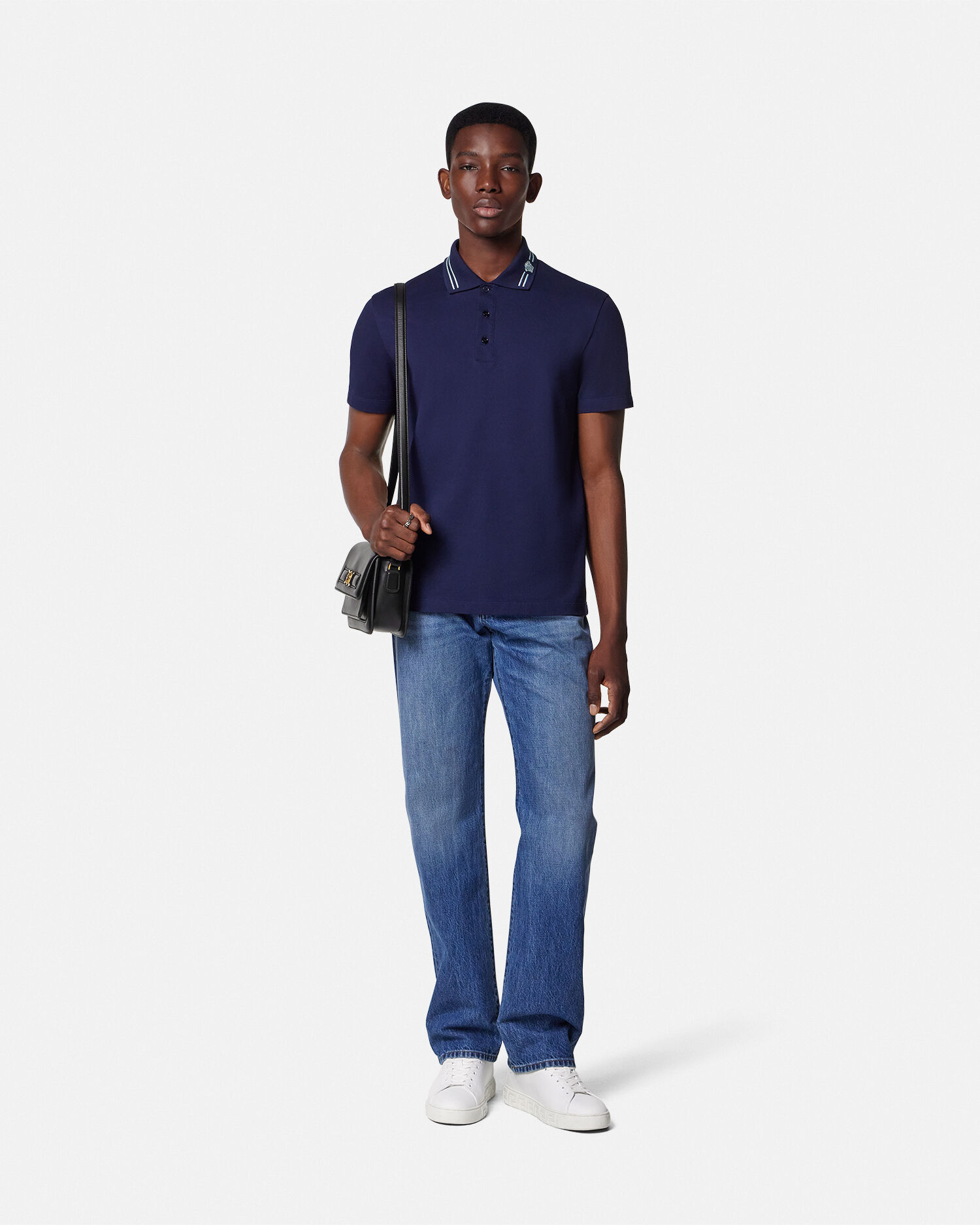 Embroidered Cotton Piqué Polo Blue | VERSACE US