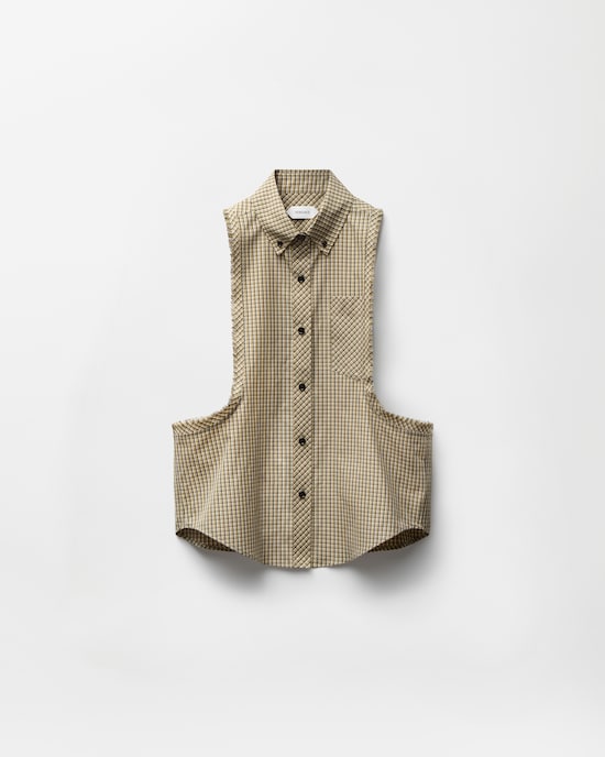 Micro-Check Cotton-Poplin Sleeveless Shirt White+Beige 1