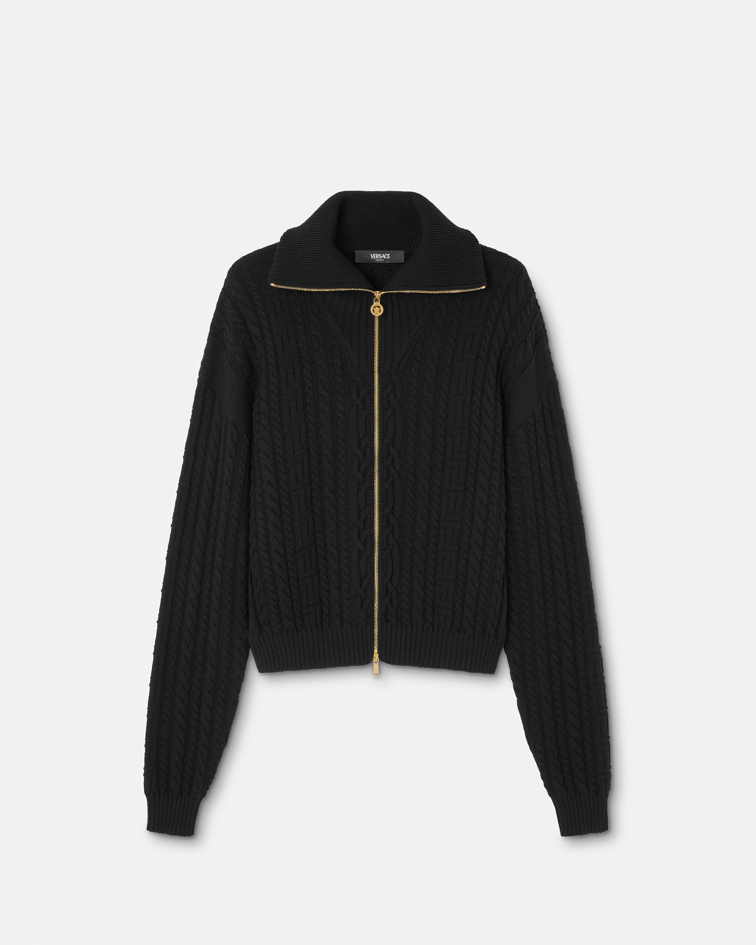 Embroidered Wool Knit Zip Sweater Black | VERSACE US