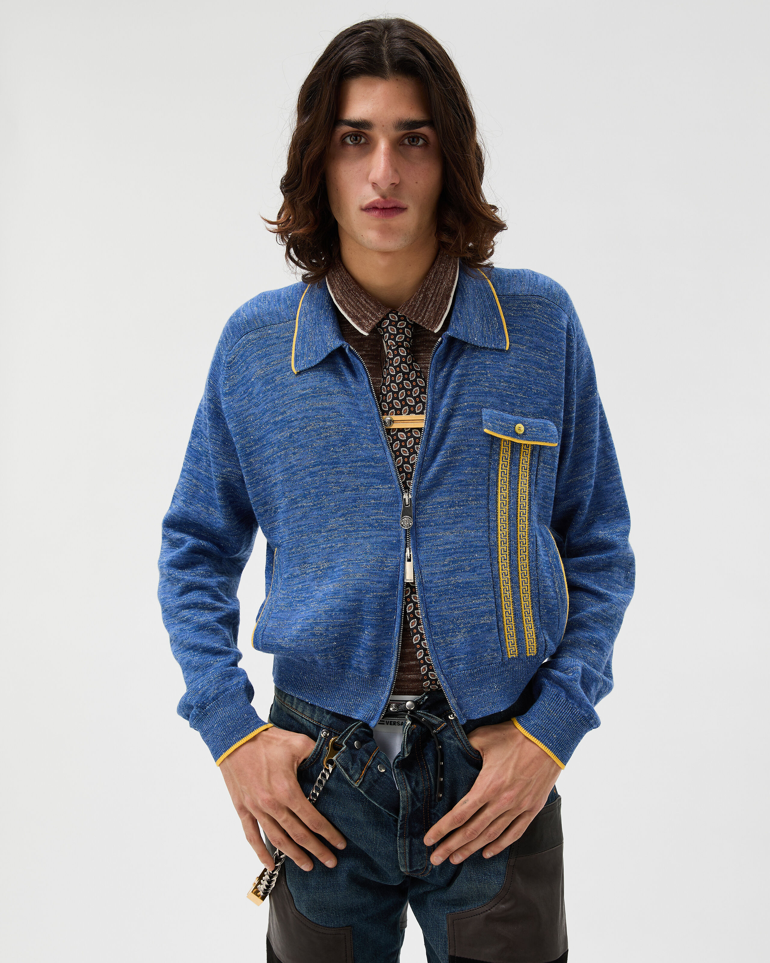Mouliné Jacquard Knit Zip Sweater Blue | VERSACE