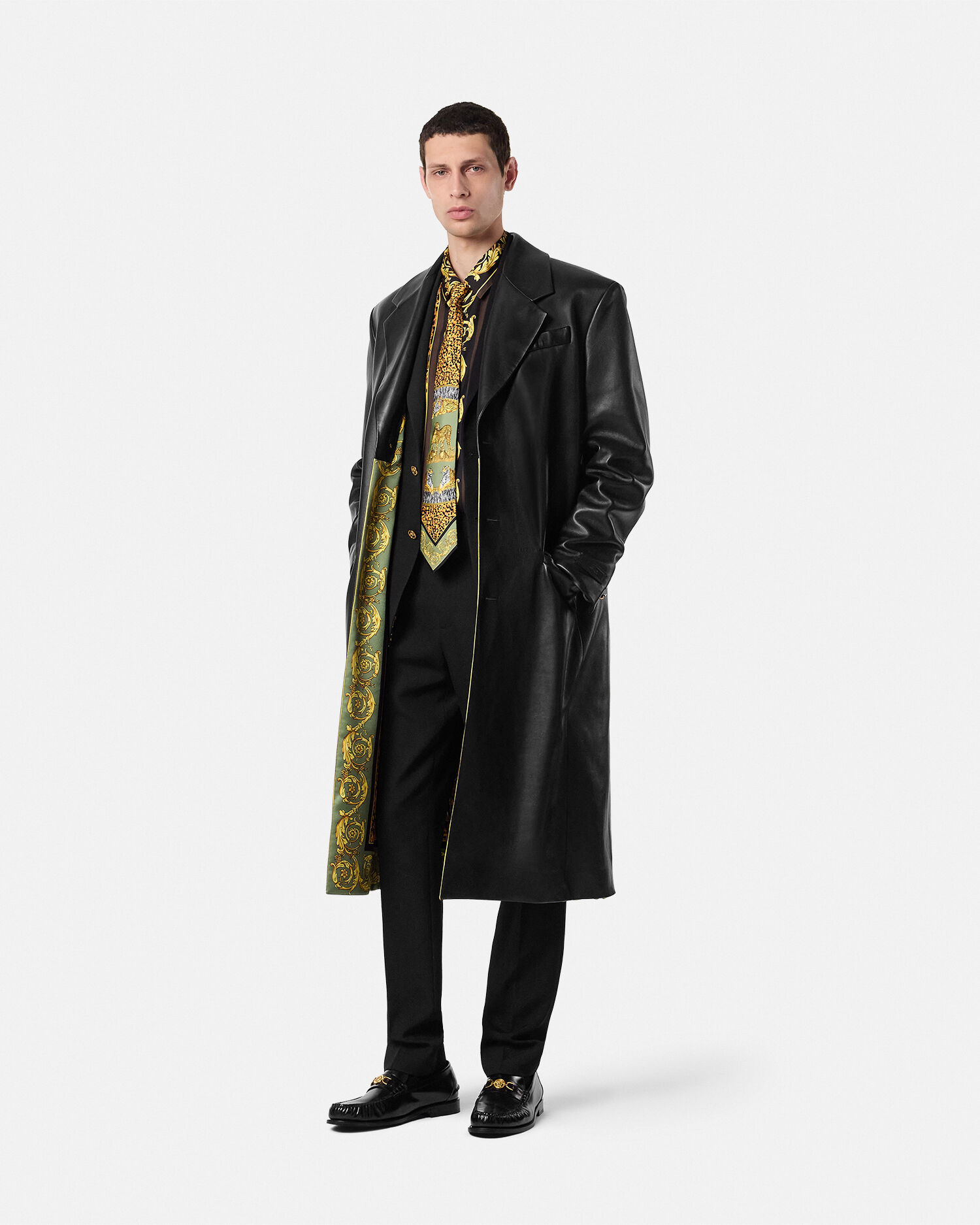 Plongé Leather Single-Breasted Coat | VERSACE US