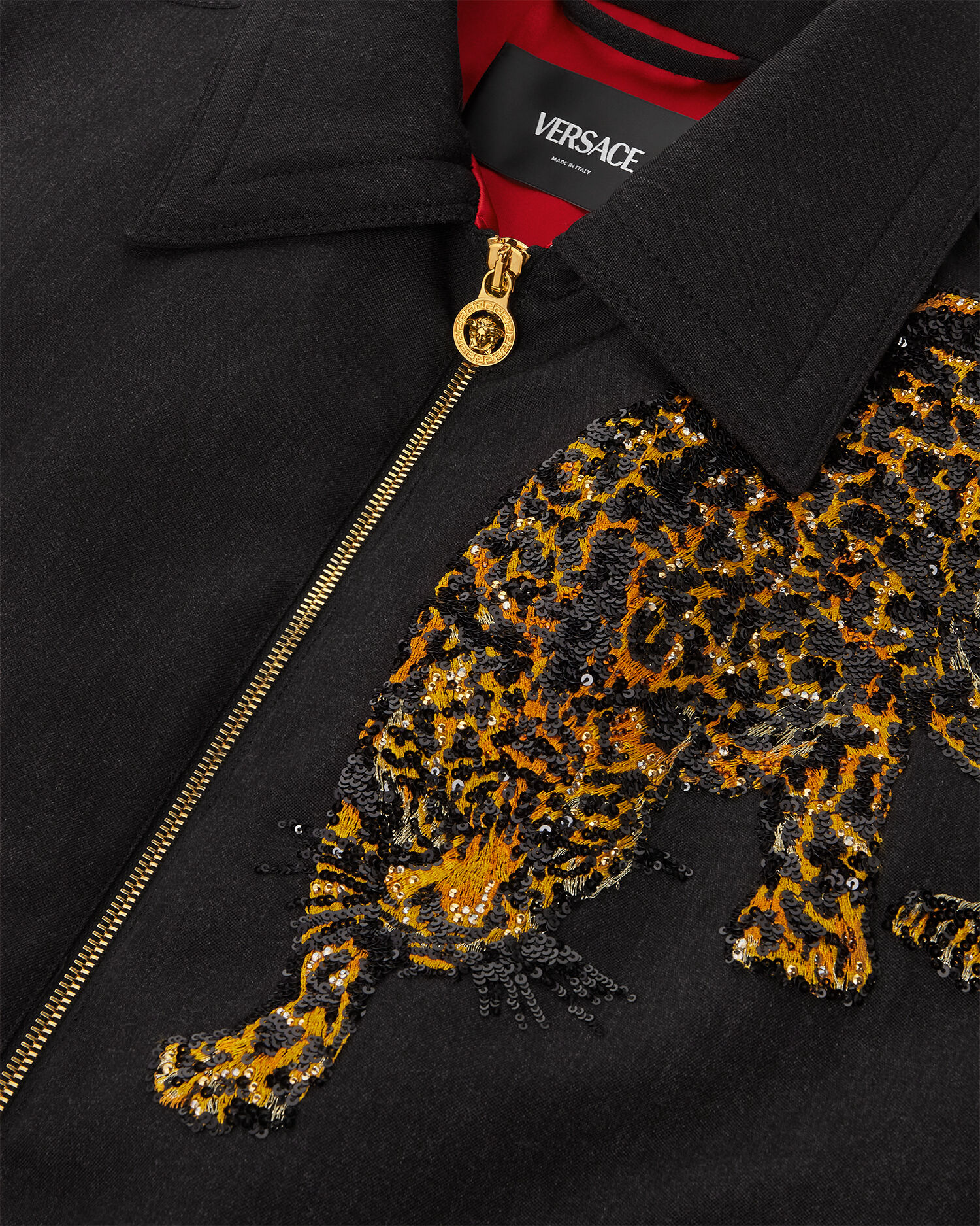 Versace Leopard Mélange Wool Blouson Jacket Black | VERSACE CA
