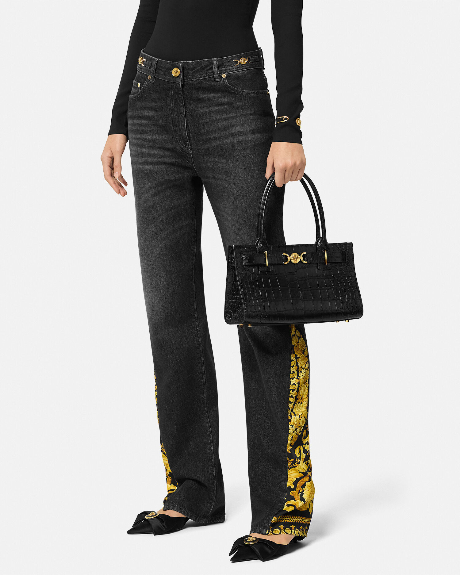 Croc-Effect Medusa '95 Tote Bag Black,Gold | VERSACE US