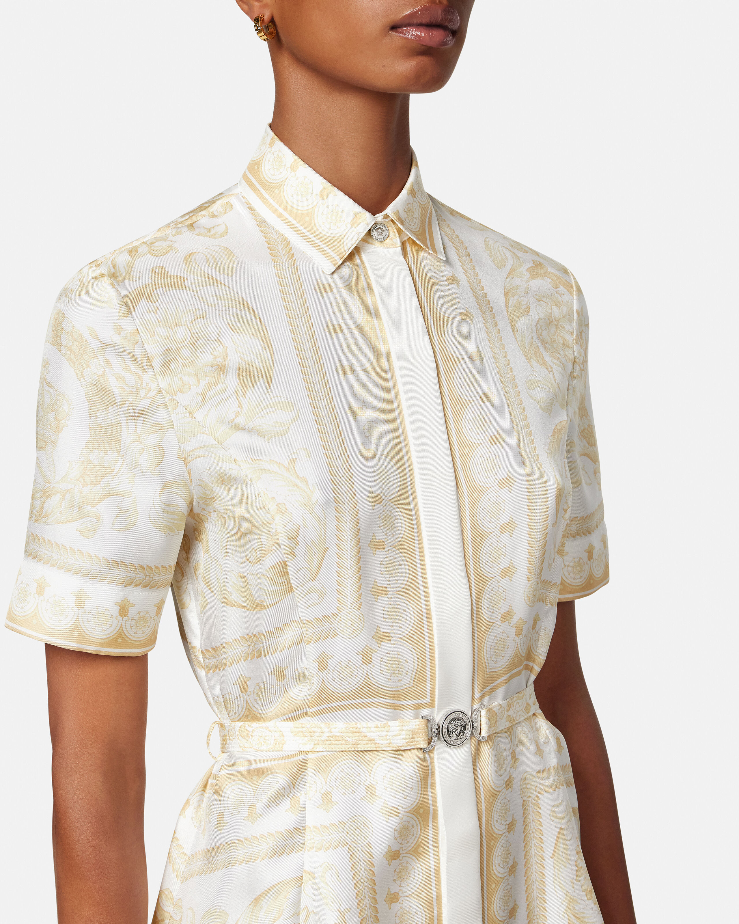 Printed Silk Twill Mini Shirt Dress White,Beige | VERSACE US
