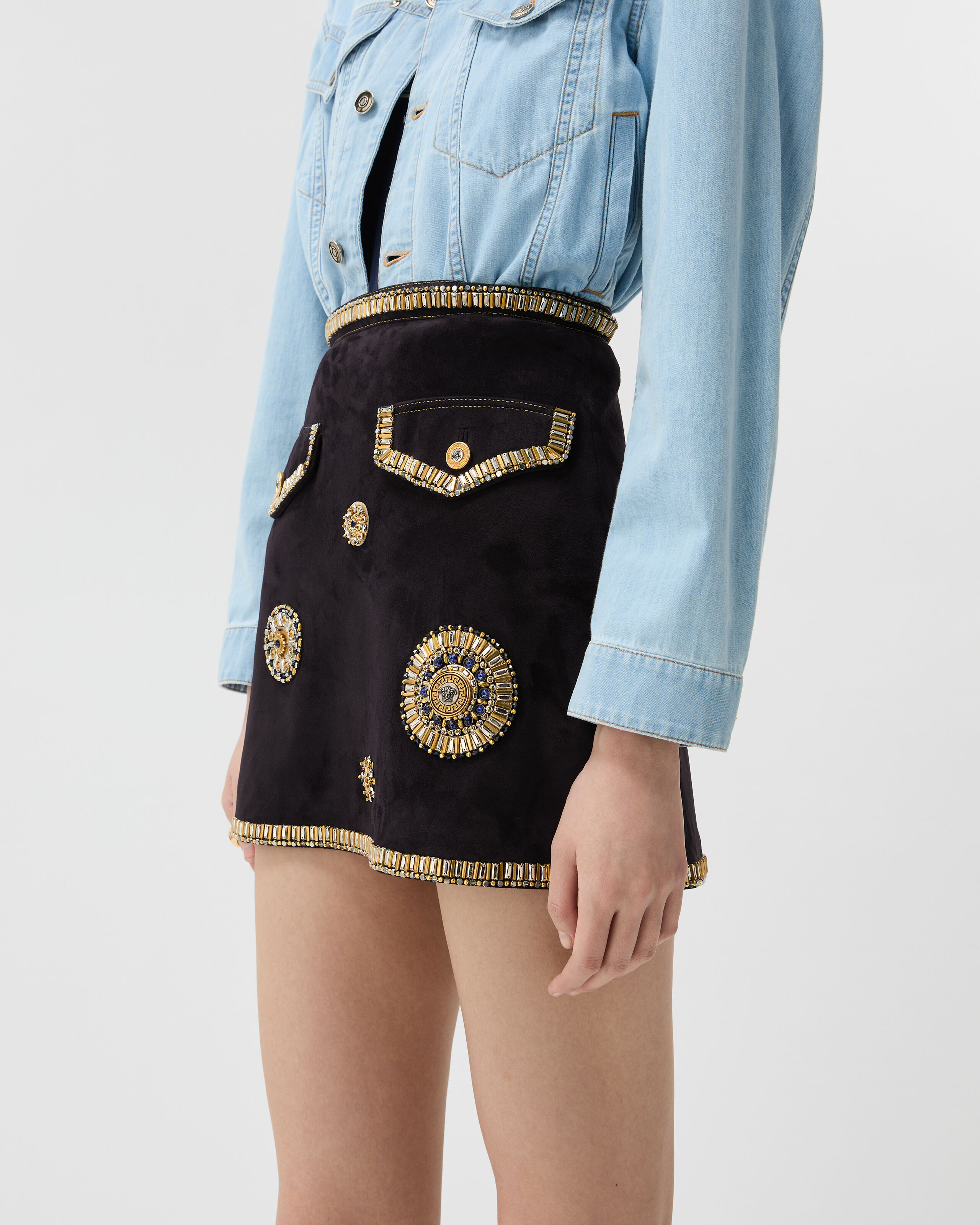 Embroidered Suede Mini Skirt Blue | VERSACE US