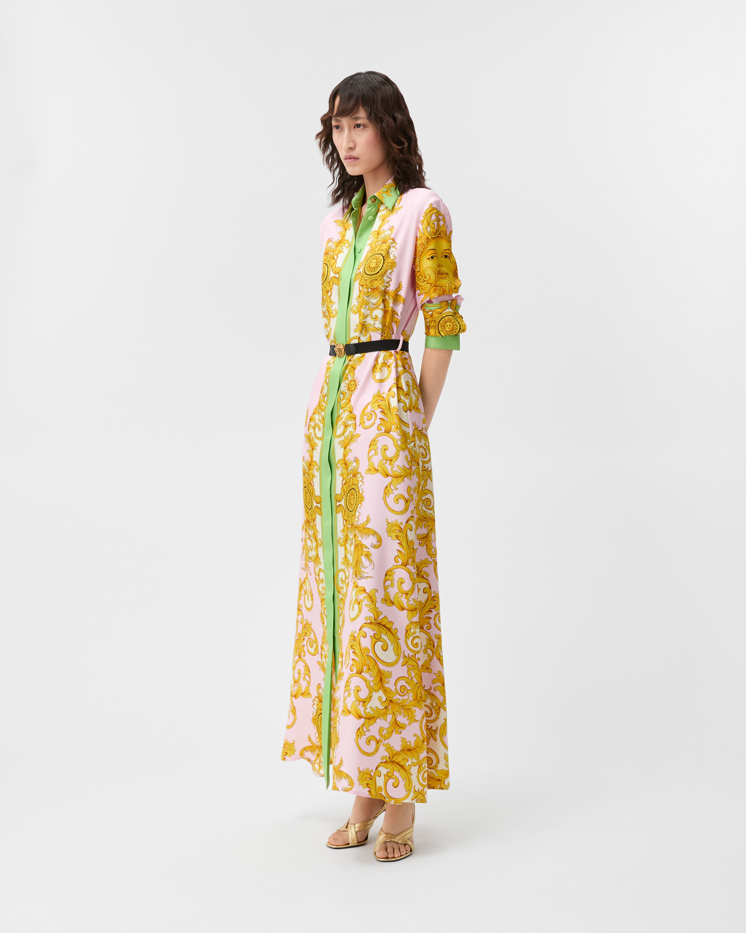 Printed Silk Twill Long Dress Yellow,Pink | VERSACE US