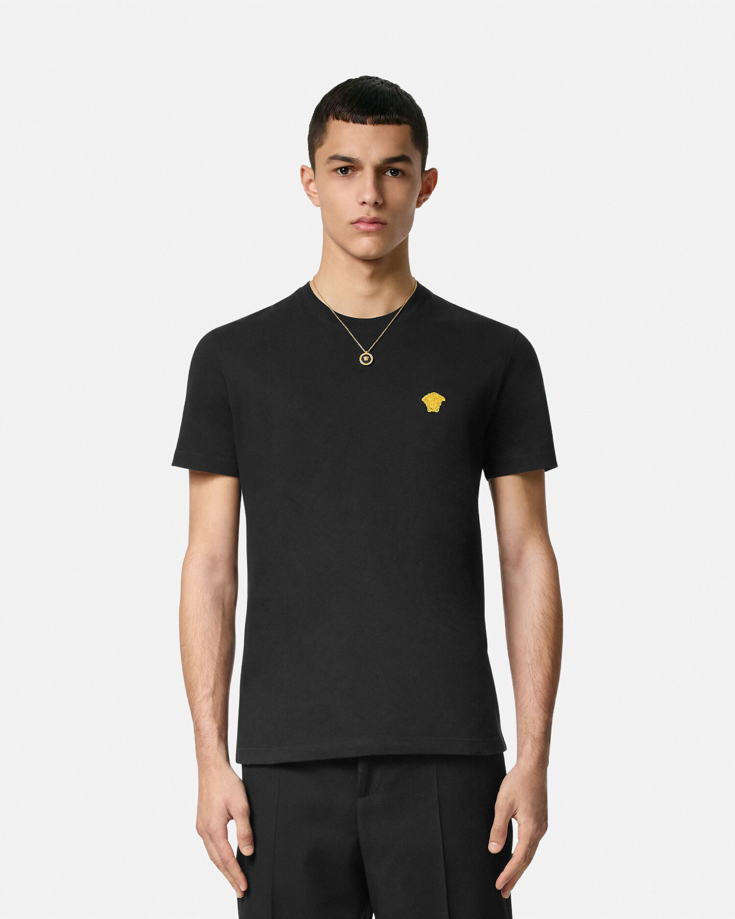Embroidered Cotton-Jersey T-Shirt Black | VERSACE IN