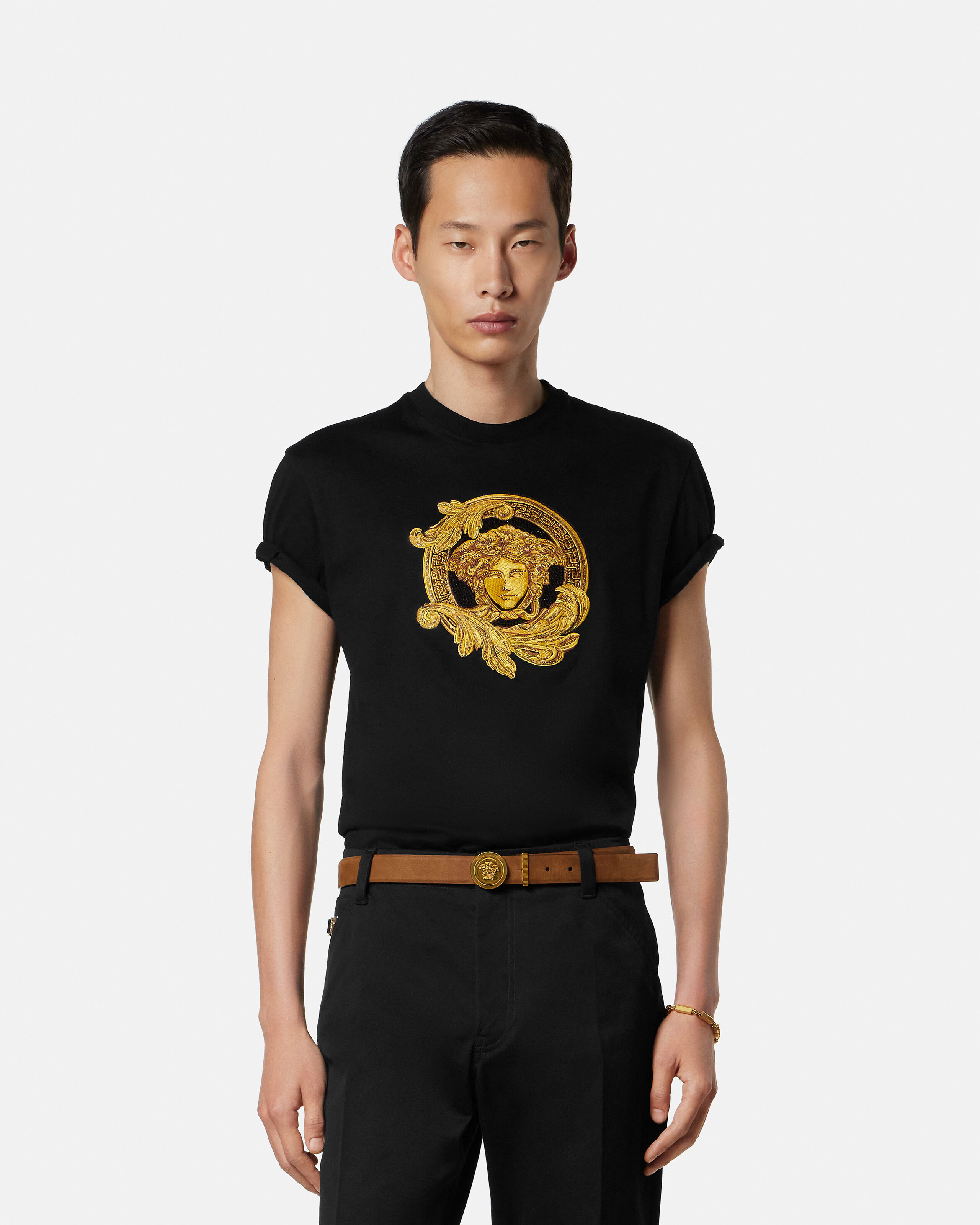Embroidered Cotton-Jersey Slim T-Shirt | VERSACE US