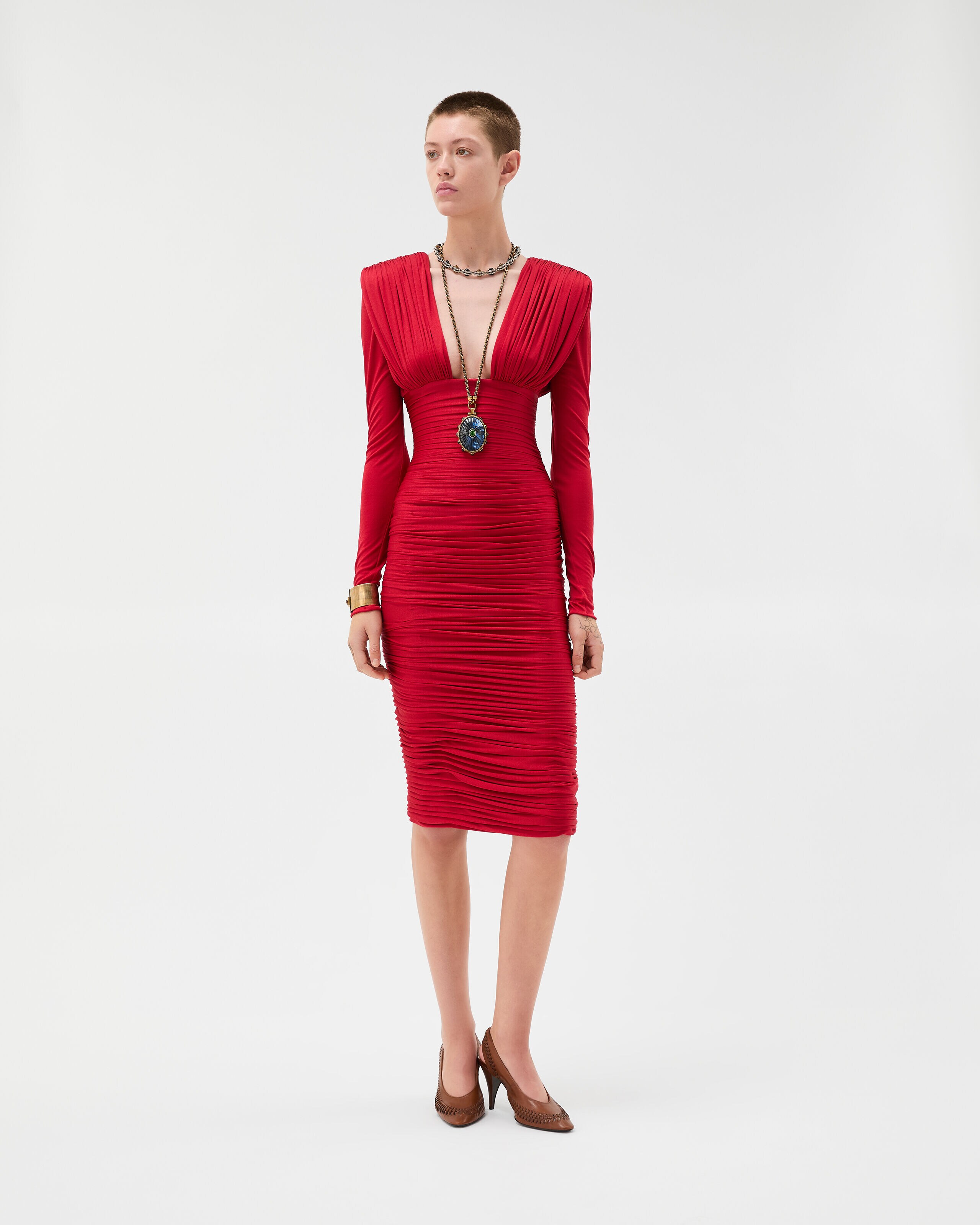 Draped Silk Crêpe Jersey Midi Dress Red | VERSACE US