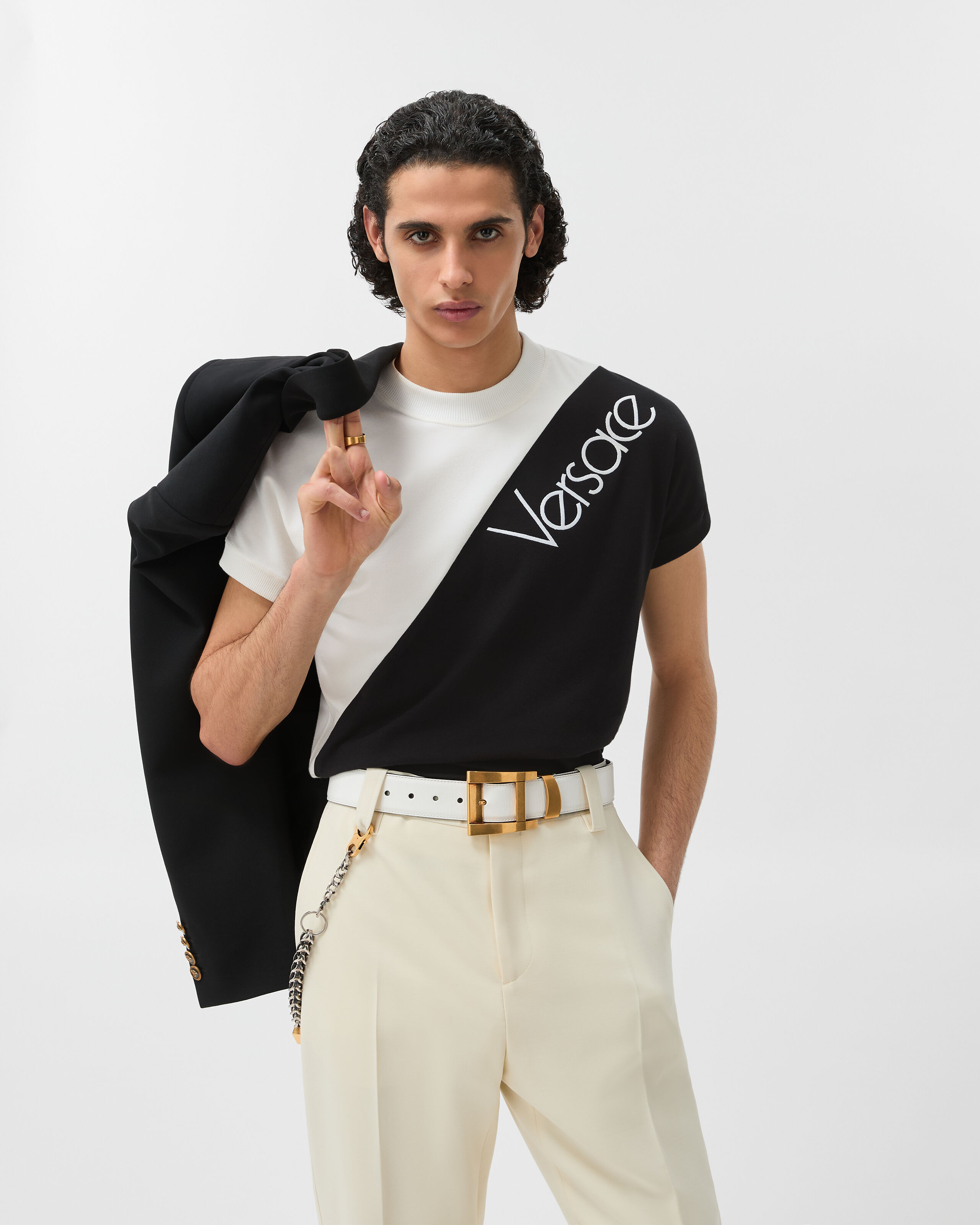 Embroidered-Logo Stretch Cotton-Jersey Slim T-Shirt White | VERSACE US