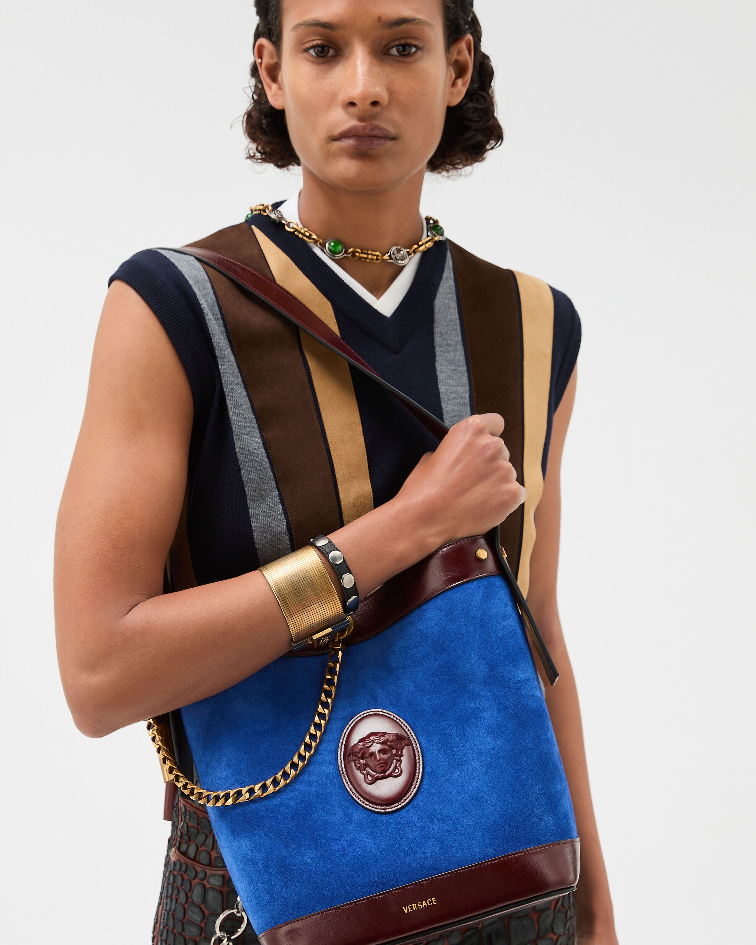 Pivot Small Suede Bucket Bag Blue,Brown | VERSACE