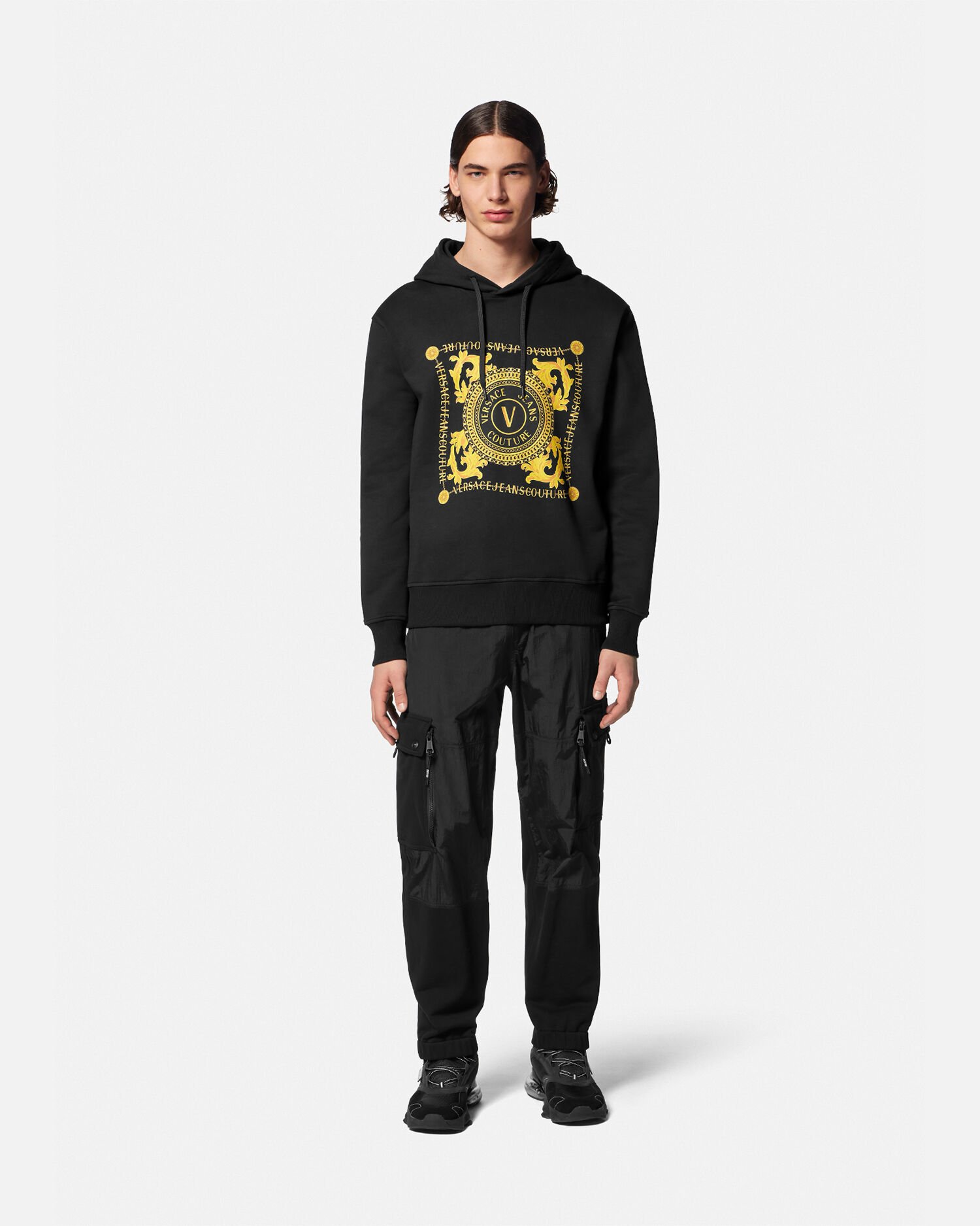 V Emblem Chain Hoodie Black Gold VERSACE CA