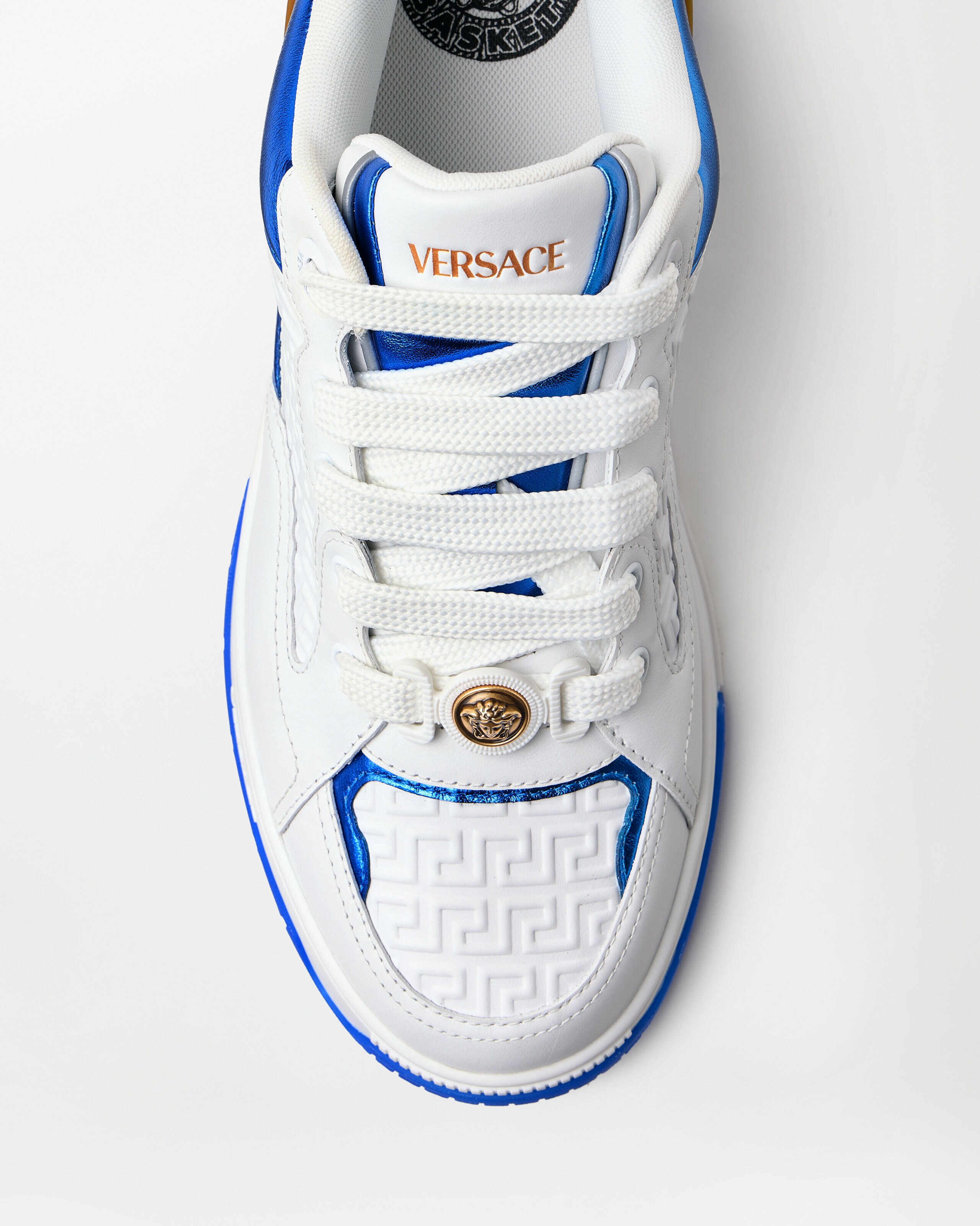 Biggie Basket Leather Sneakers White,Blue | VERSACE US