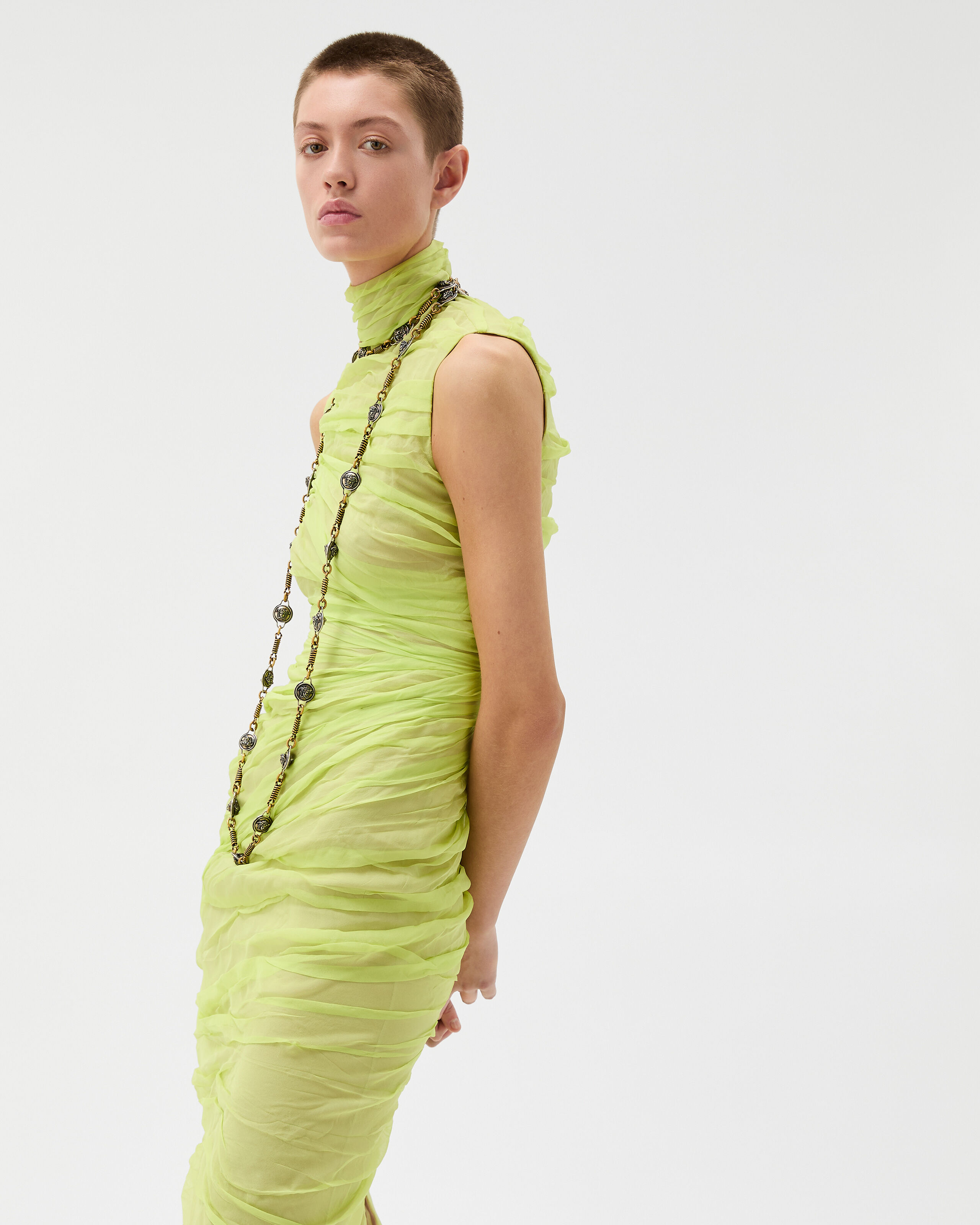 Silk-Chiffon Draped Midi Dress Green | VERSACE US