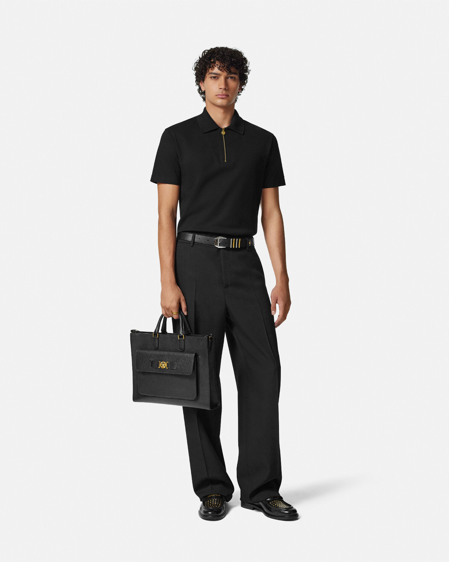 Embroidered Cotton-Piqué Half-Zip Polo Black | VERSACE US