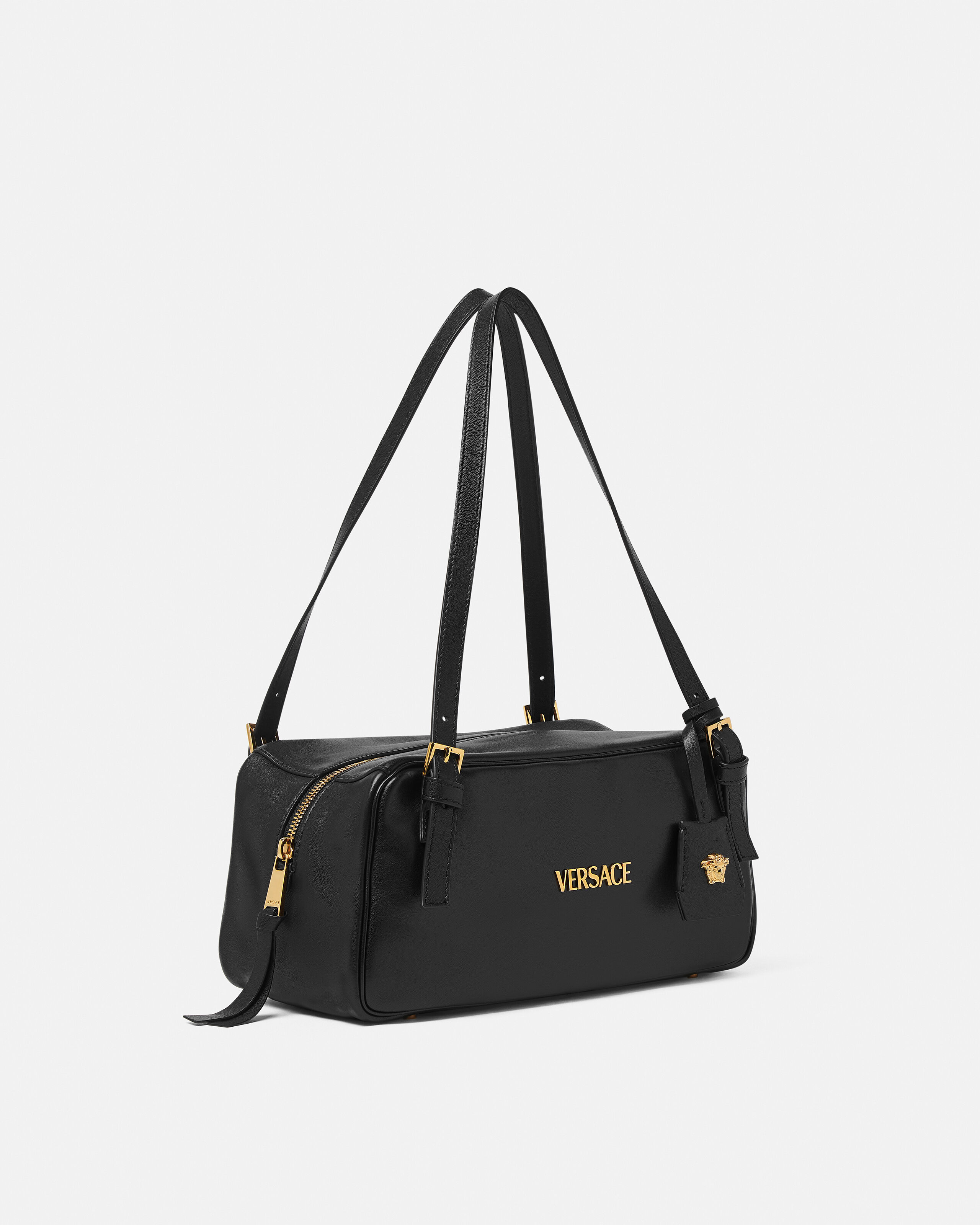 Versace Tag Large Nappa Bowling Bag Black,Gold | VERSACE US