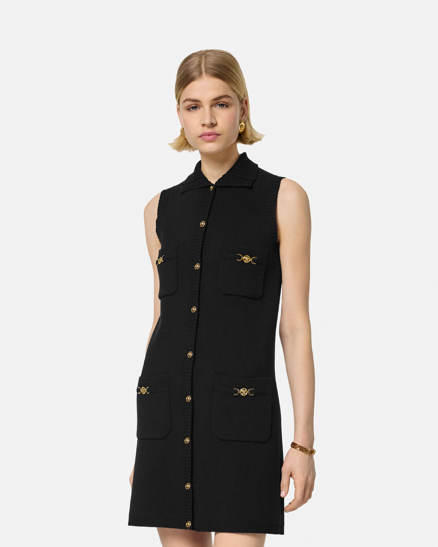 Cashmere-Blend Shift Knit Mini Dress Black | VERSACE US